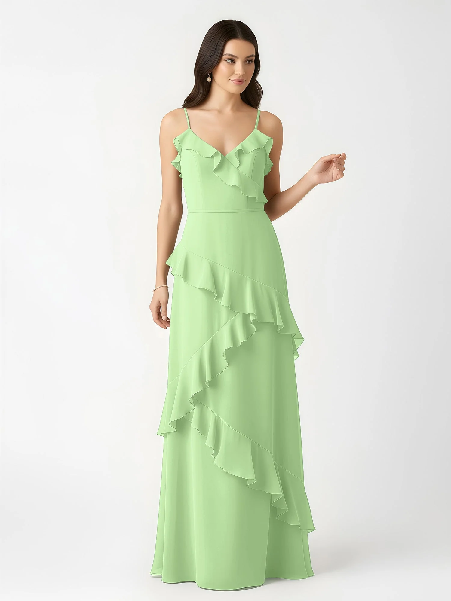 A-Linie Chiffon Rüschen Bodenlang V-Ausschnitt Kleid Salbei - Image 4