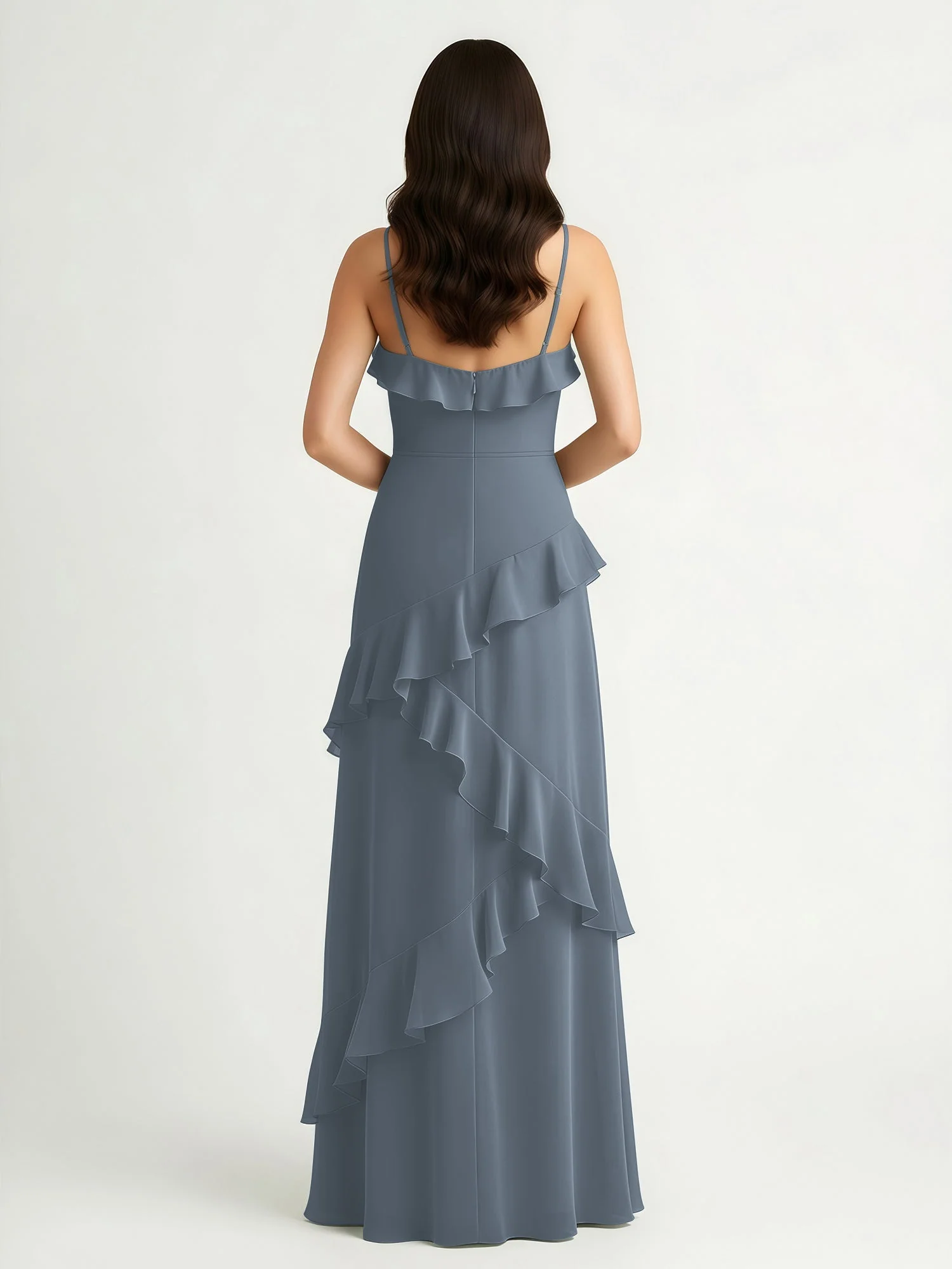 A-Linie Chiffon Rüschen Bodenlang V-Ausschnitt Kleid Schiefer Blau - Image 2