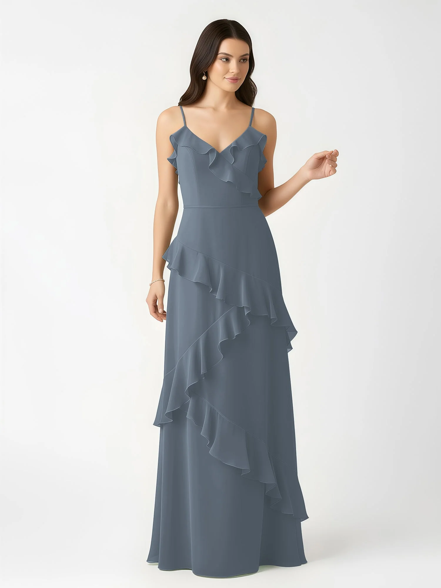 A-Linie Chiffon Rüschen Bodenlang V-Ausschnitt Kleid Schiefer Blau - Image 4