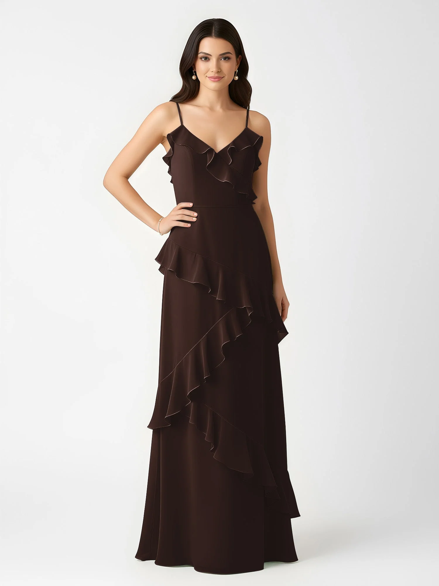 A-Linie Chiffon Rüschen Bodenlang V-Ausschnitt Kleid Schokolade - Image 3