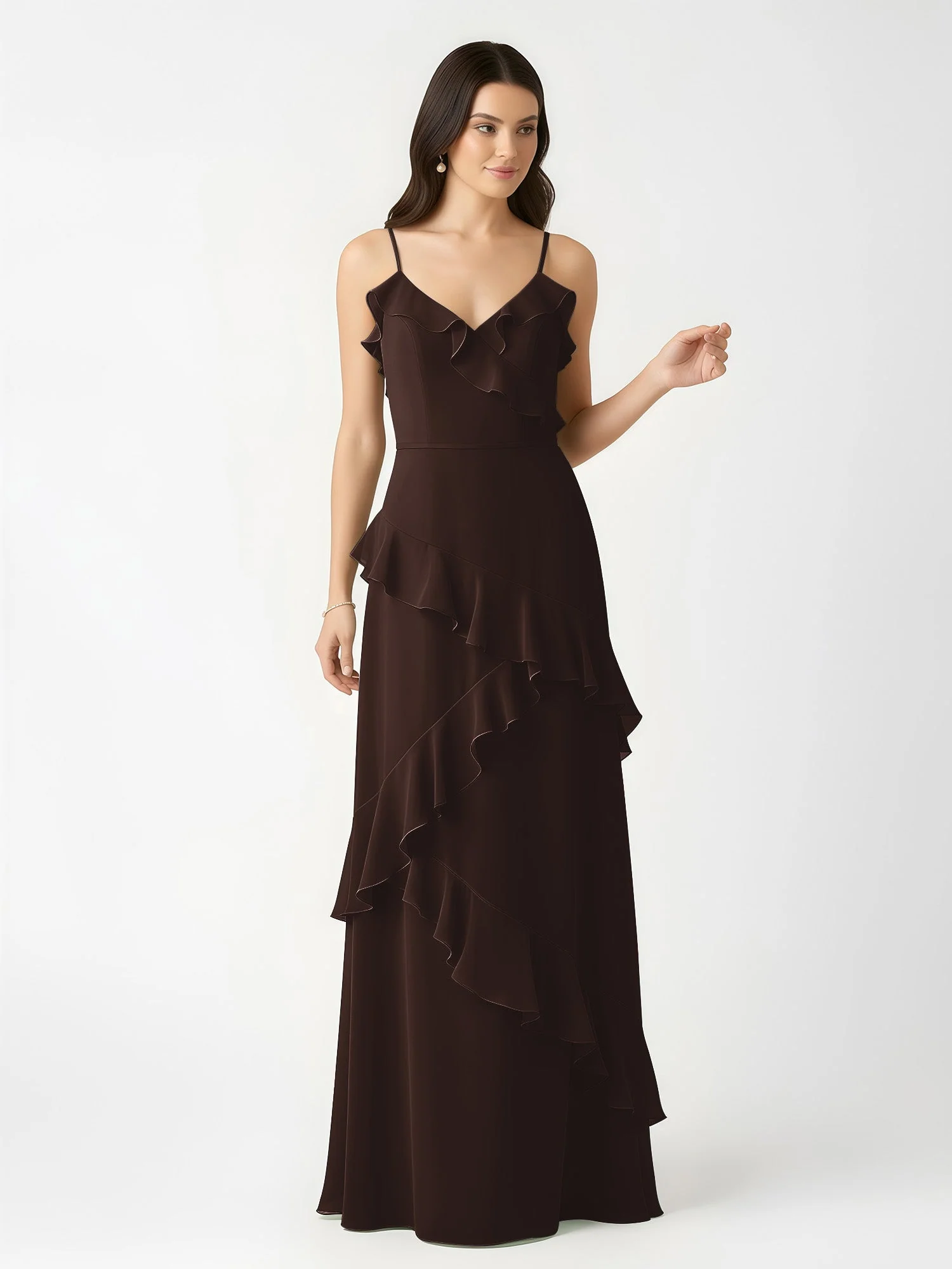 A-Linie Chiffon Rüschen Bodenlang V-Ausschnitt Kleid Schokolade - Image 4