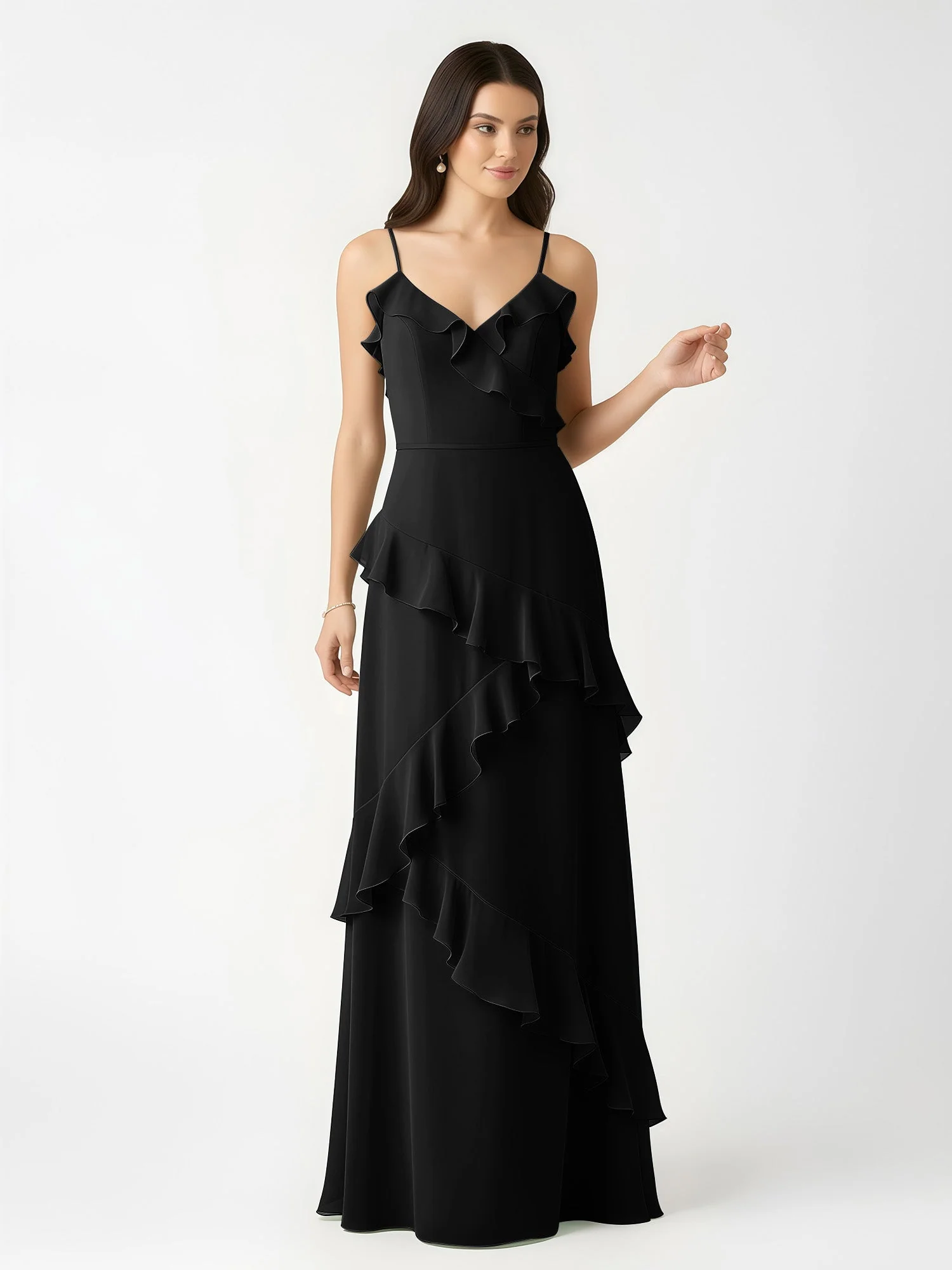 A-Linie Chiffon Rüschen Bodenlang V-Ausschnitt Kleid Schwarz - Image 4