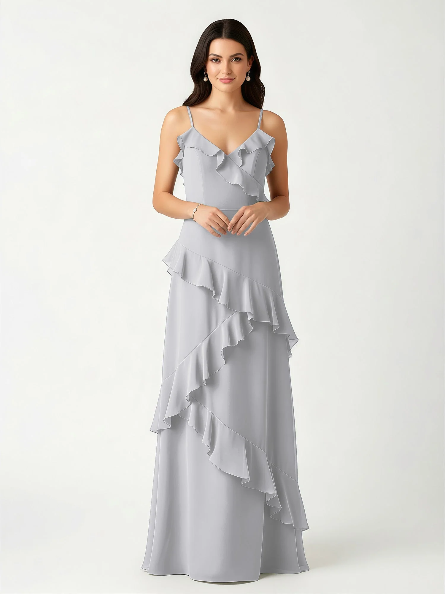 A-Linie Chiffon Rüschen Bodenlang V-Ausschnitt Kleid Silber