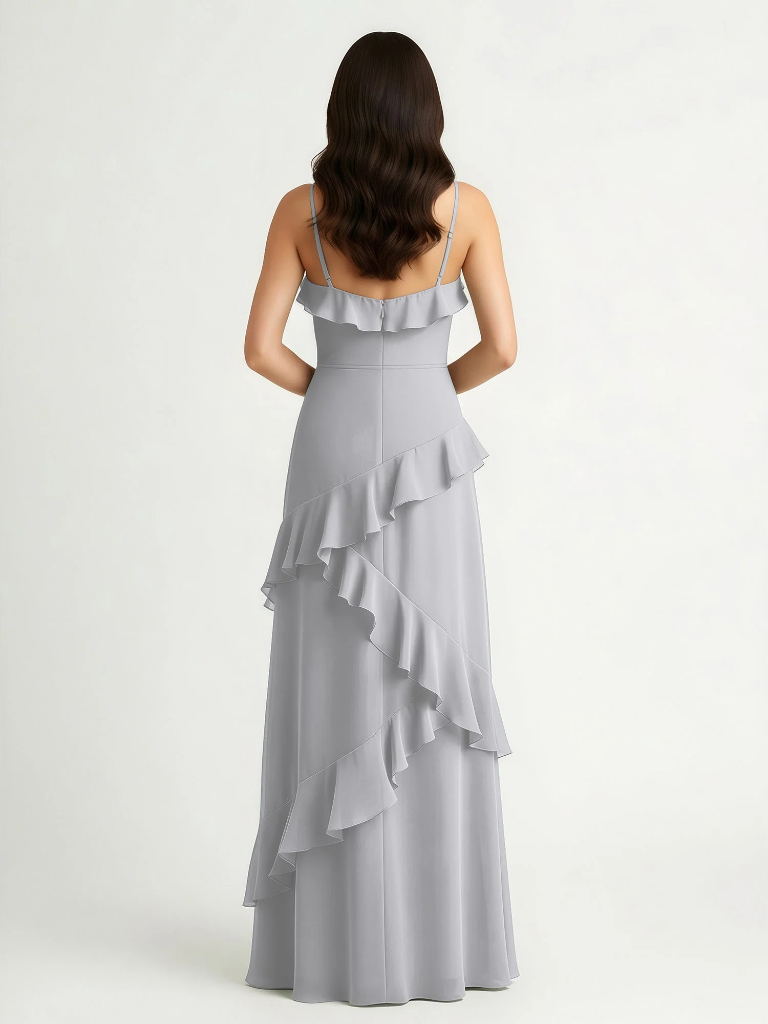 A-Linie Chiffon Rüschen Bodenlang V-Ausschnitt Kleid Silber - Image 2