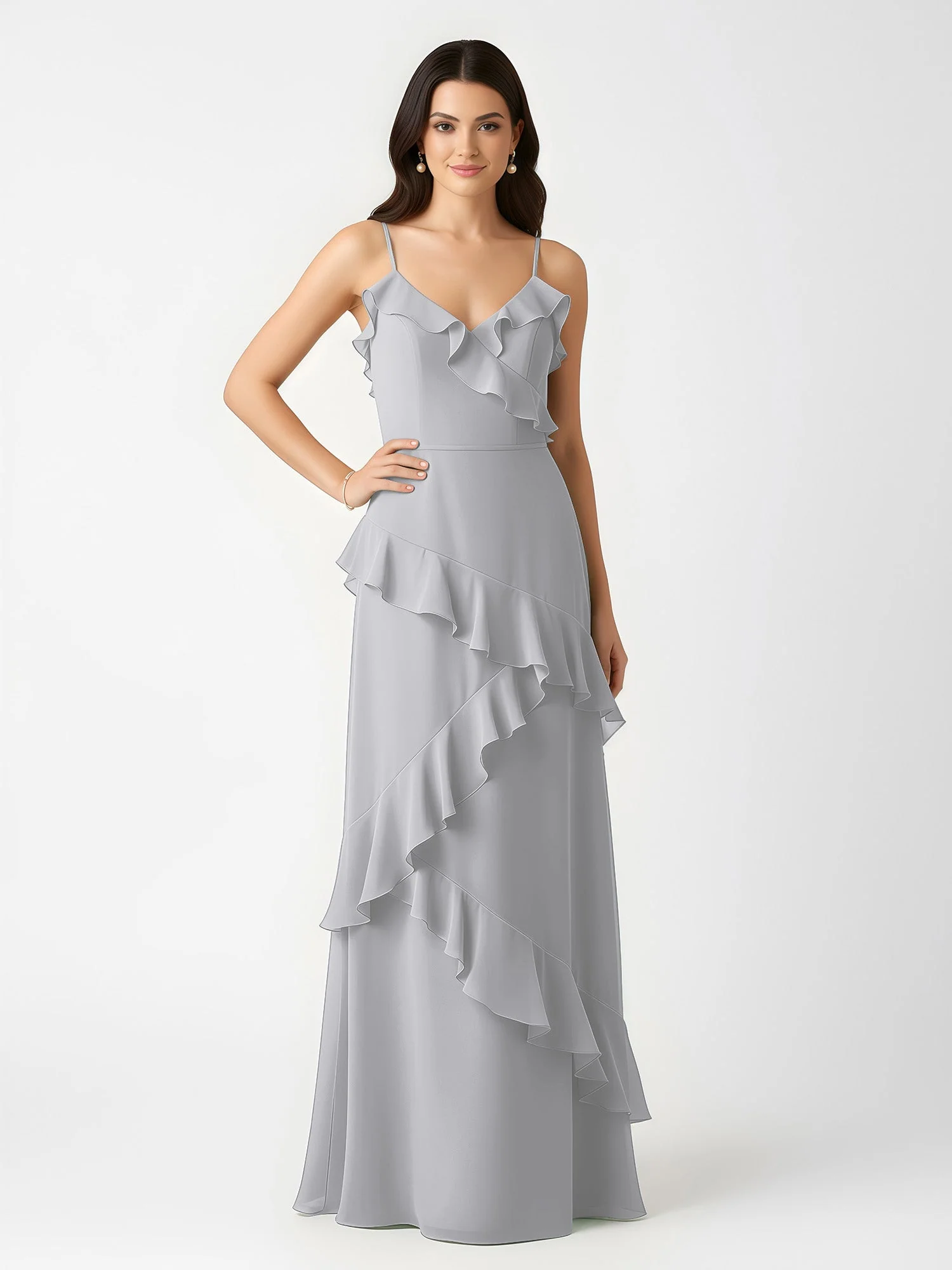 A-Linie Chiffon Rüschen Bodenlang V-Ausschnitt Kleid Silber - Image 3