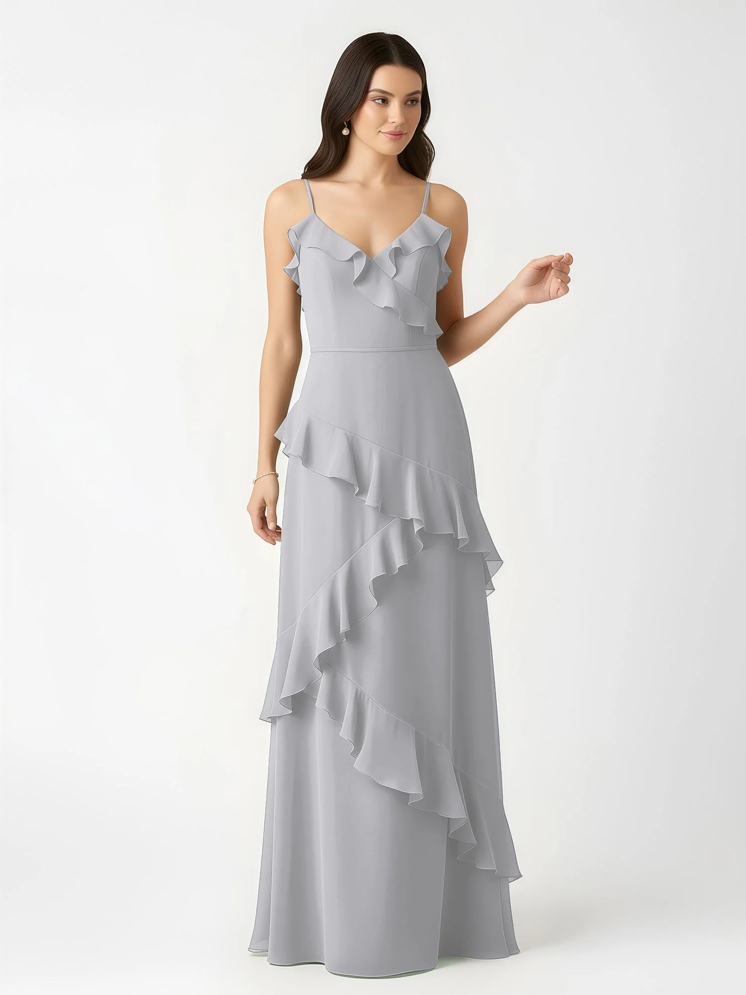 A-Linie Chiffon Rüschen Bodenlang V-Ausschnitt Kleid Silber - Image 4