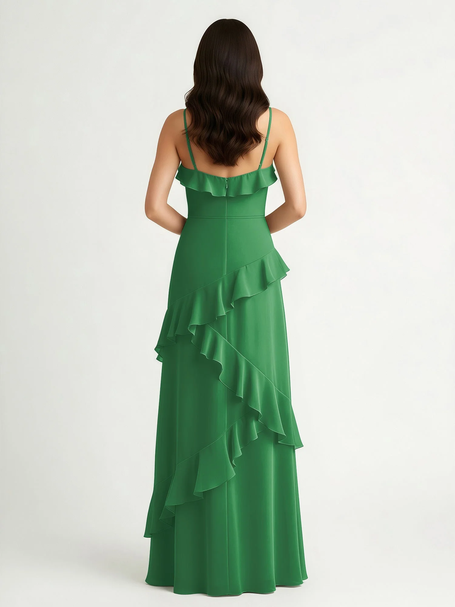 A-Linie Chiffon Rüschen Bodenlang V-Ausschnitt Kleid Smaragd - Image 2
