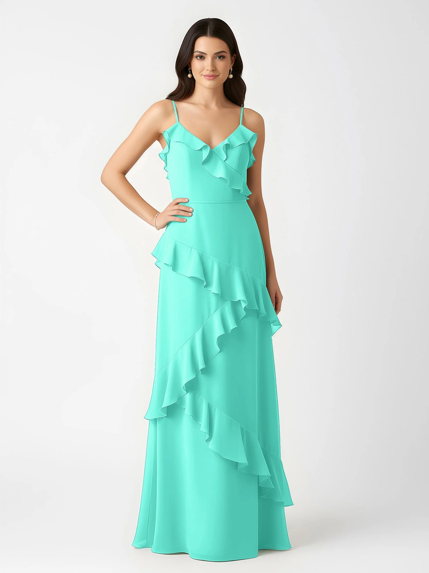 A-Linie Chiffon Rüschen Bodenlang V-Ausschnitt Kleid Spa - Image 3