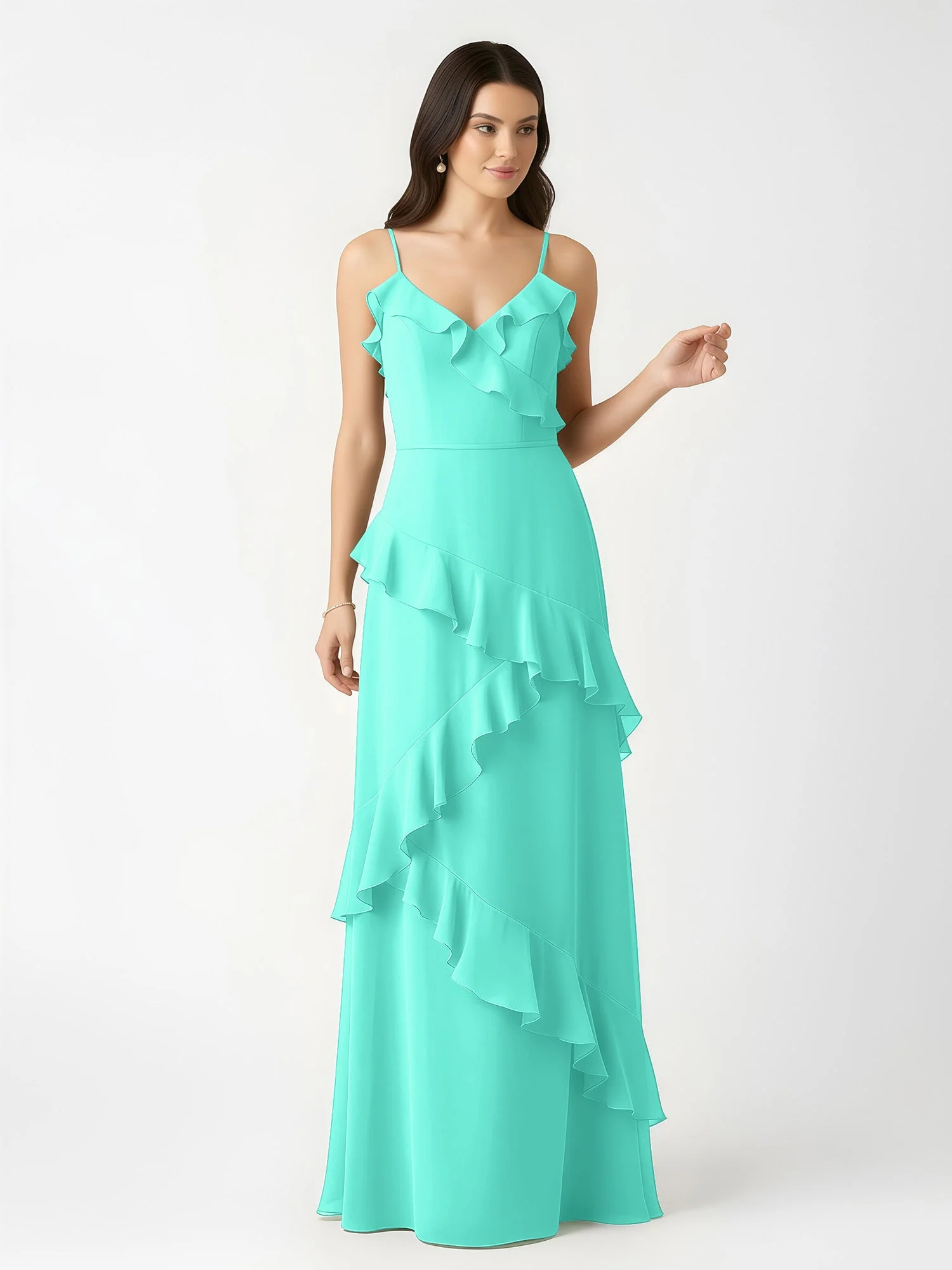 A-Linie Chiffon Rüschen Bodenlang V-Ausschnitt Kleid Spa - Image 4