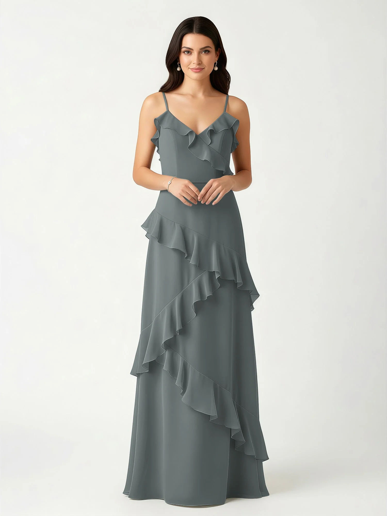 A-Linie Chiffon Rüschen Bodenlang V-Ausschnitt Kleid Stahlgrau