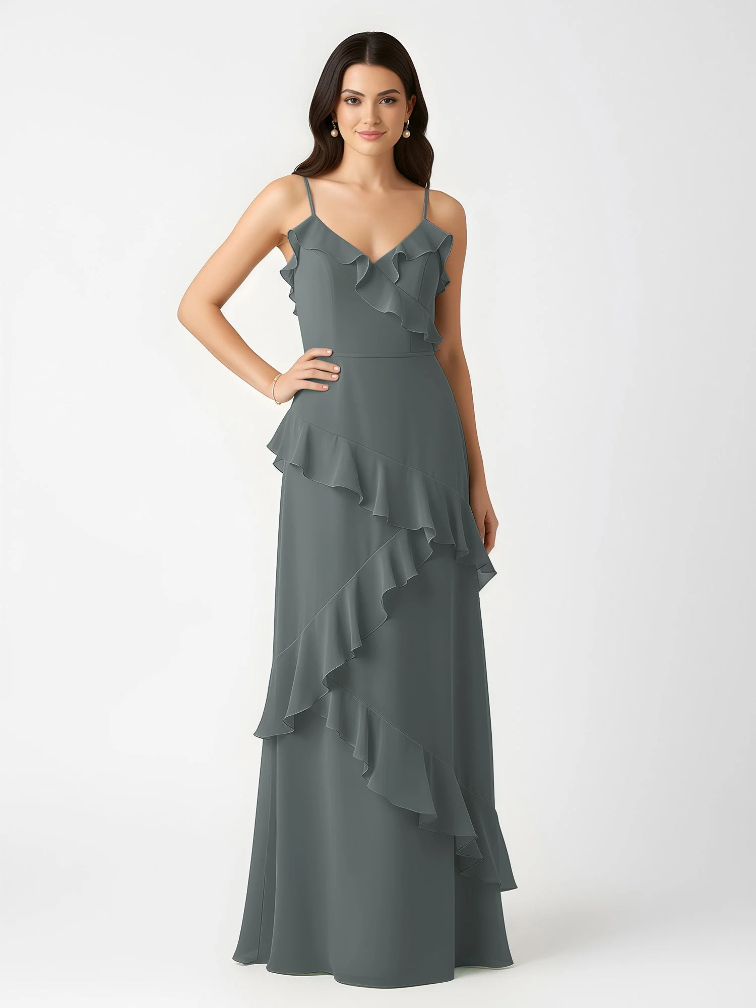 A-Linie Chiffon Rüschen Bodenlang V-Ausschnitt Kleid Stahlgrau - Image 3