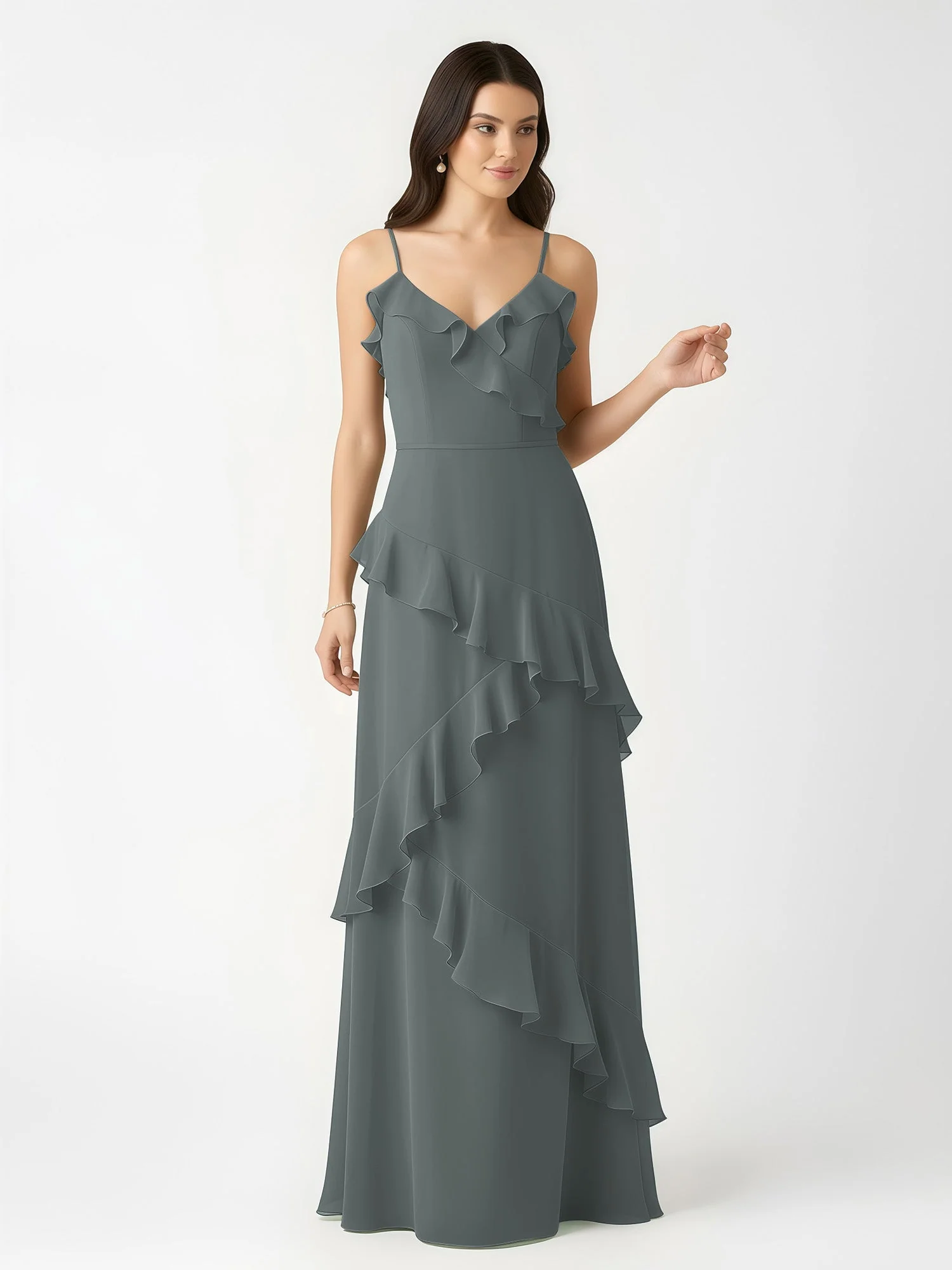 A-Linie Chiffon Rüschen Bodenlang V-Ausschnitt Kleid Stahlgrau - Image 4