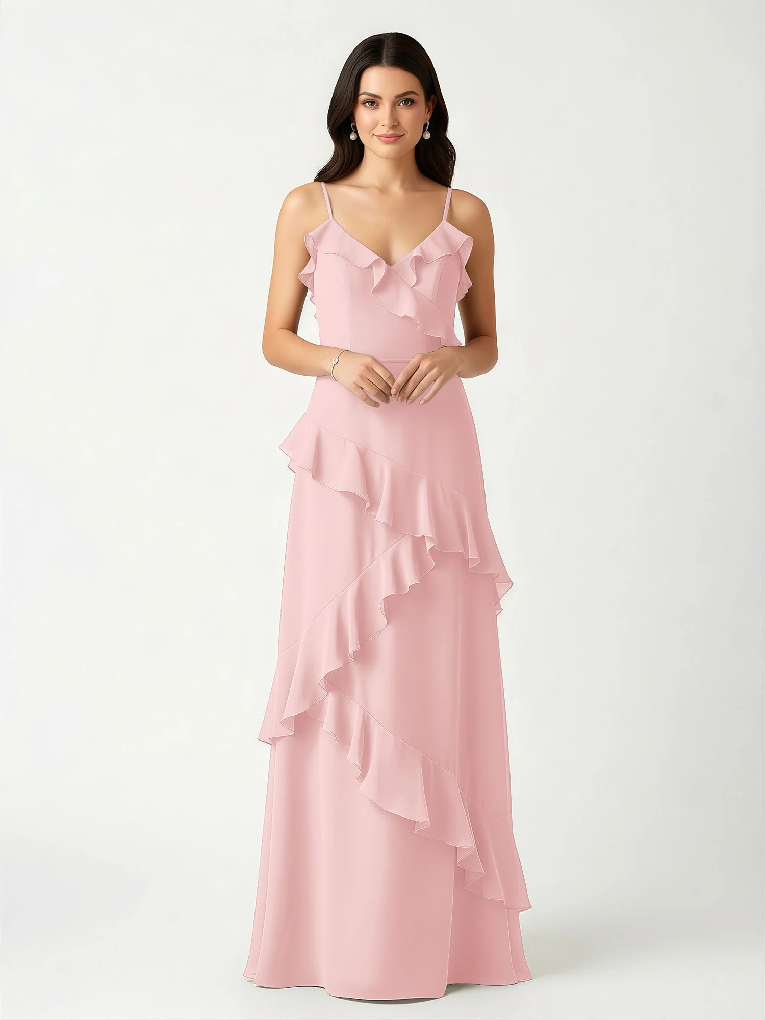 A-Linie Chiffon Rüschen Bodenlang V-Ausschnitt Kleid Staubige Rosa