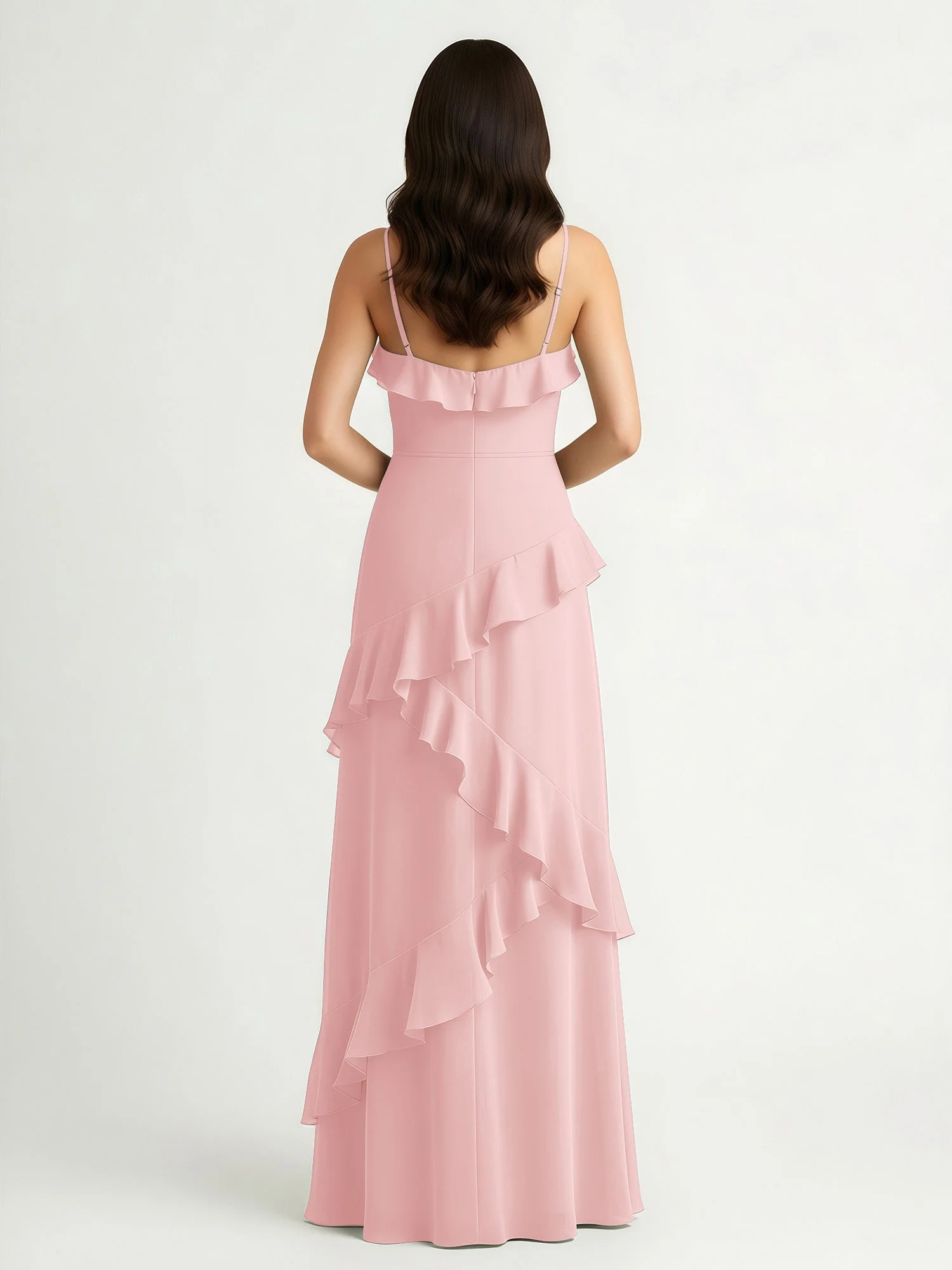 A-Linie Chiffon Rüschen Bodenlang V-Ausschnitt Kleid Staubige Rosa - Image 2