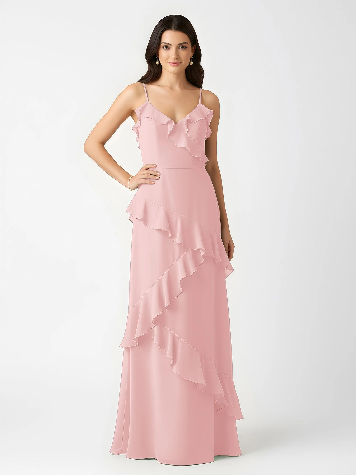 A-Linie Chiffon Rüschen Bodenlang V-Ausschnitt Kleid Staubige Rosa - Image 3
