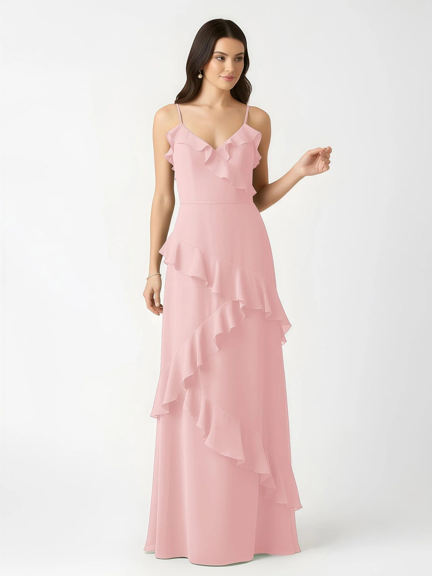A-Linie Chiffon Rüschen Bodenlang V-Ausschnitt Kleid Staubige Rosa - Image 4