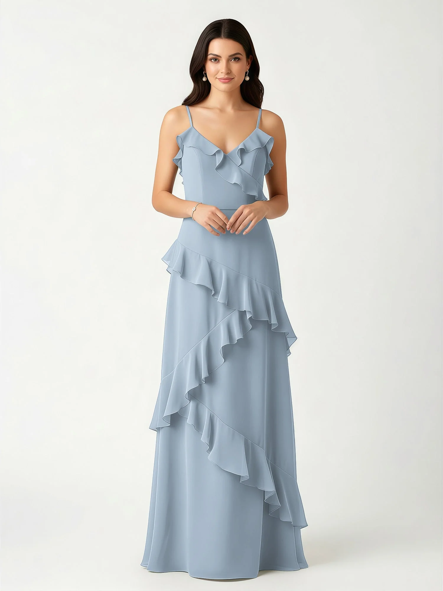 A-Linie Chiffon Rüschen Bodenlang V-Ausschnitt Kleid Staubiges Blau