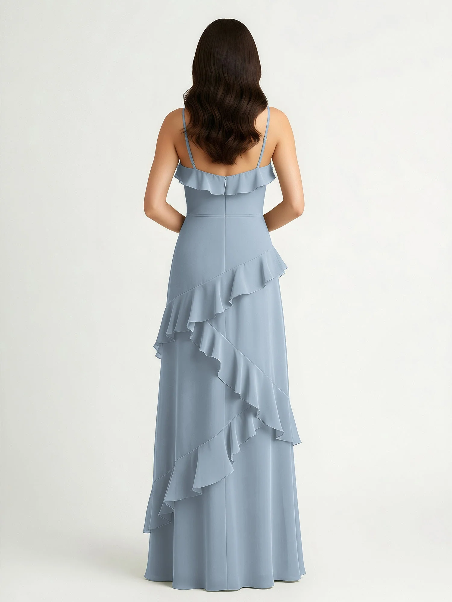 A-Linie Chiffon Rüschen Bodenlang V-Ausschnitt Kleid Staubiges Blau - Image 2