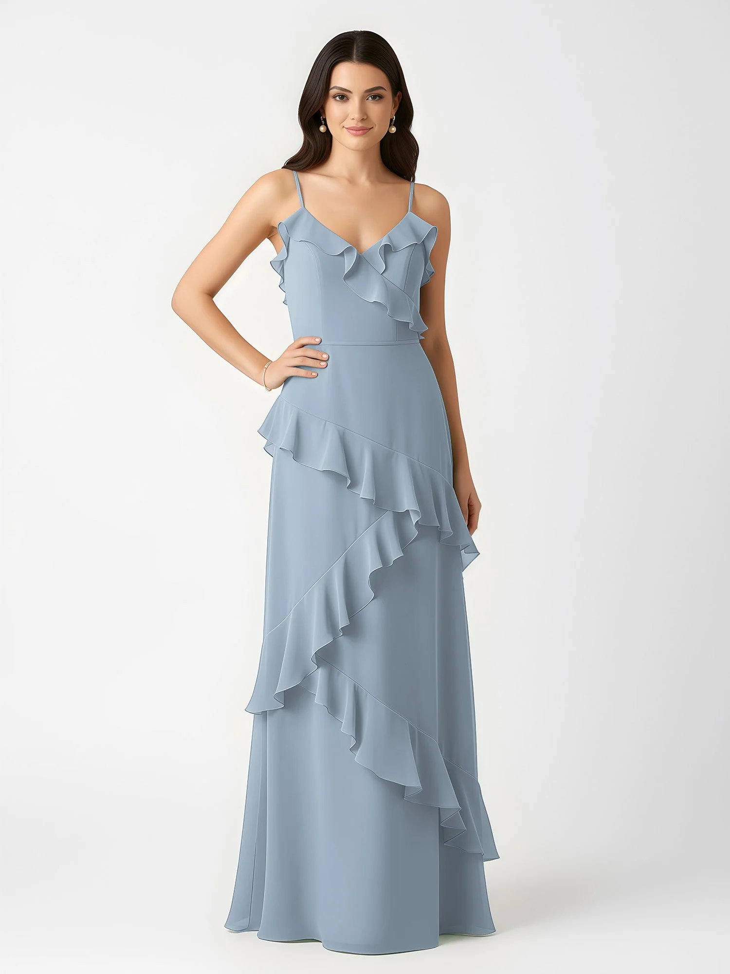 A-Linie Chiffon Rüschen Bodenlang V-Ausschnitt Kleid Staubiges Blau - Image 3