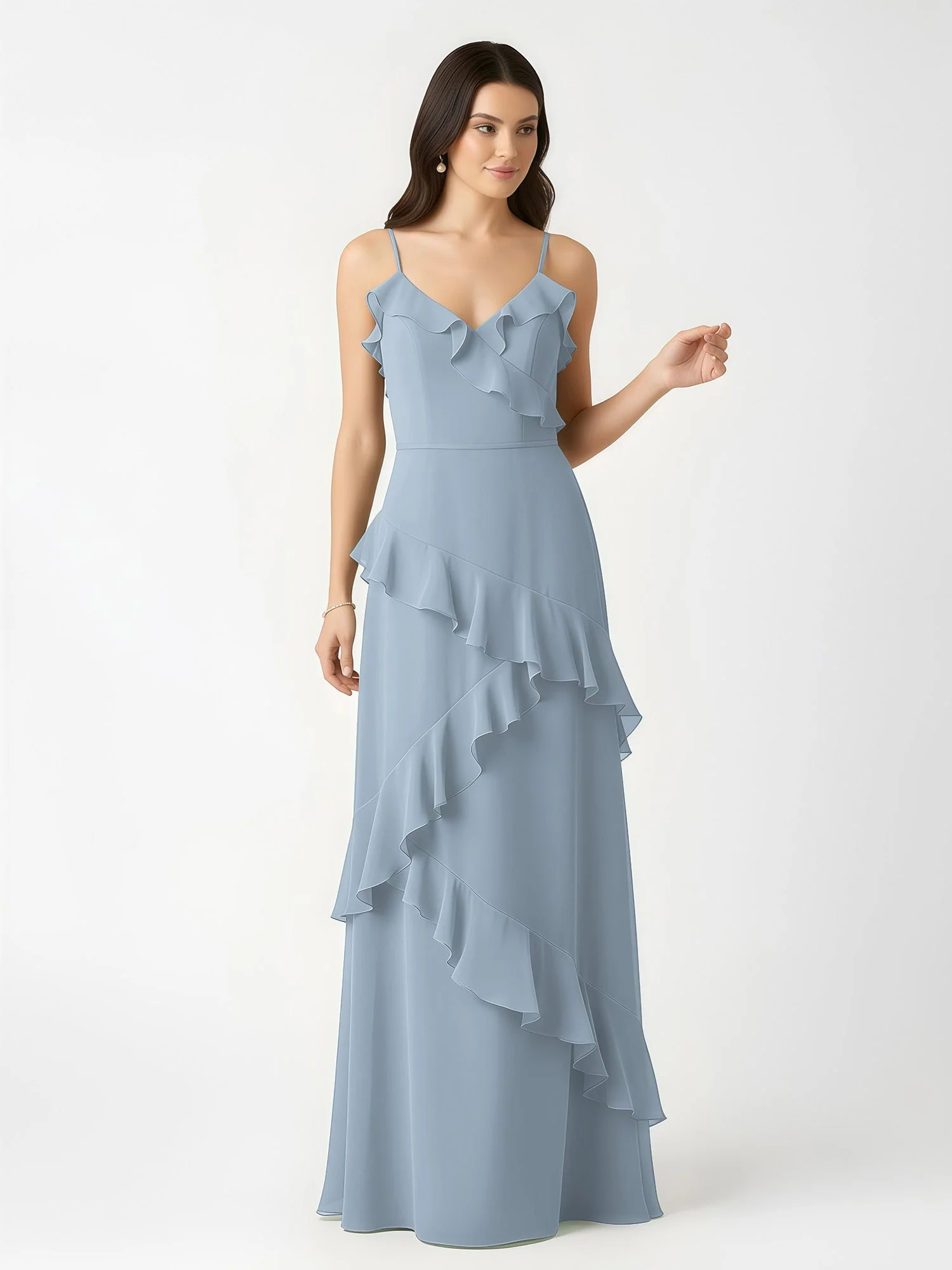 A-Linie Chiffon Rüschen Bodenlang V-Ausschnitt Kleid Staubiges Blau - Image 4