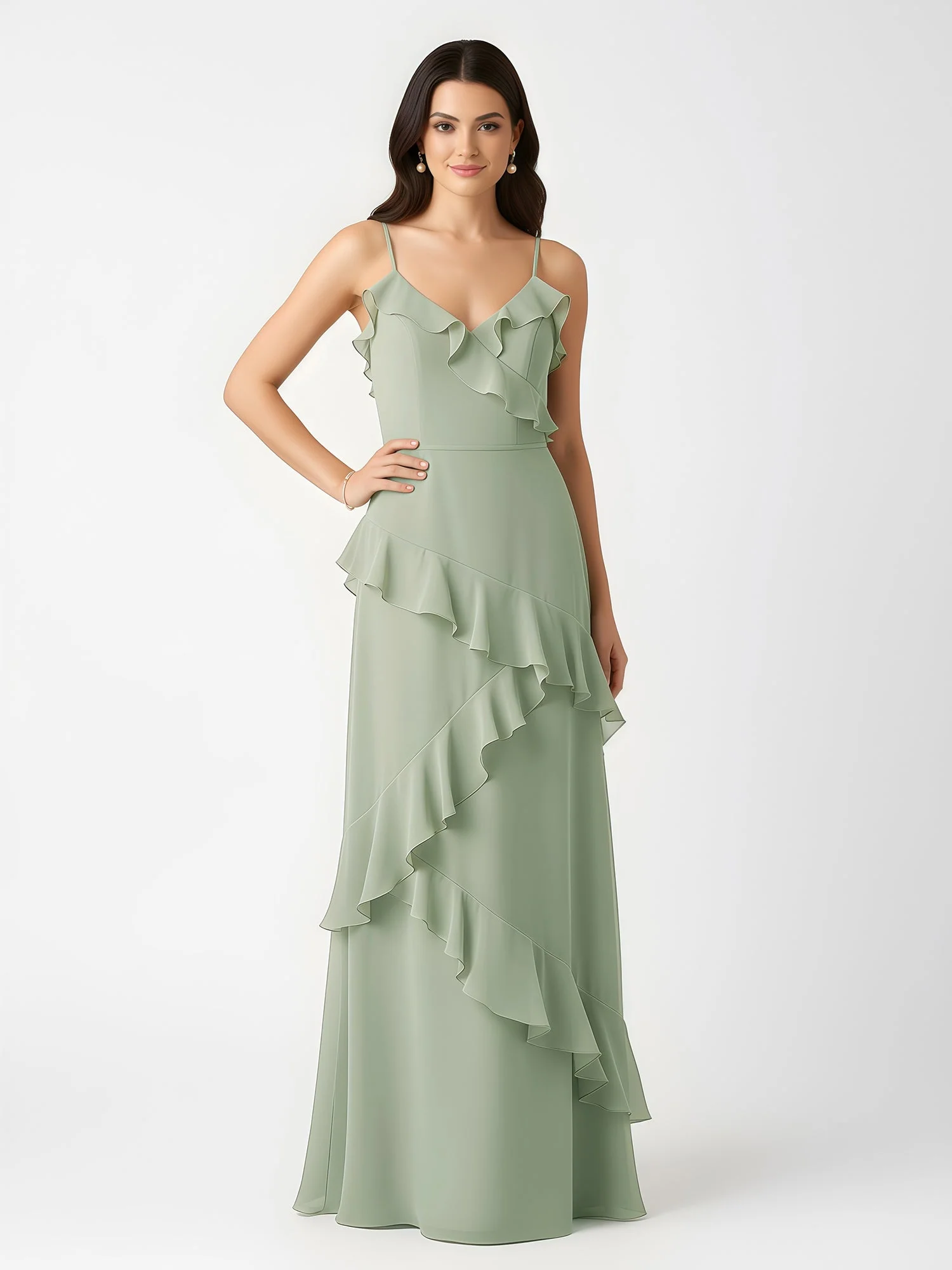 A-Linie Chiffon Rüschen Bodenlang V-Ausschnitt Kleid Staubiges Salbei - Image 3