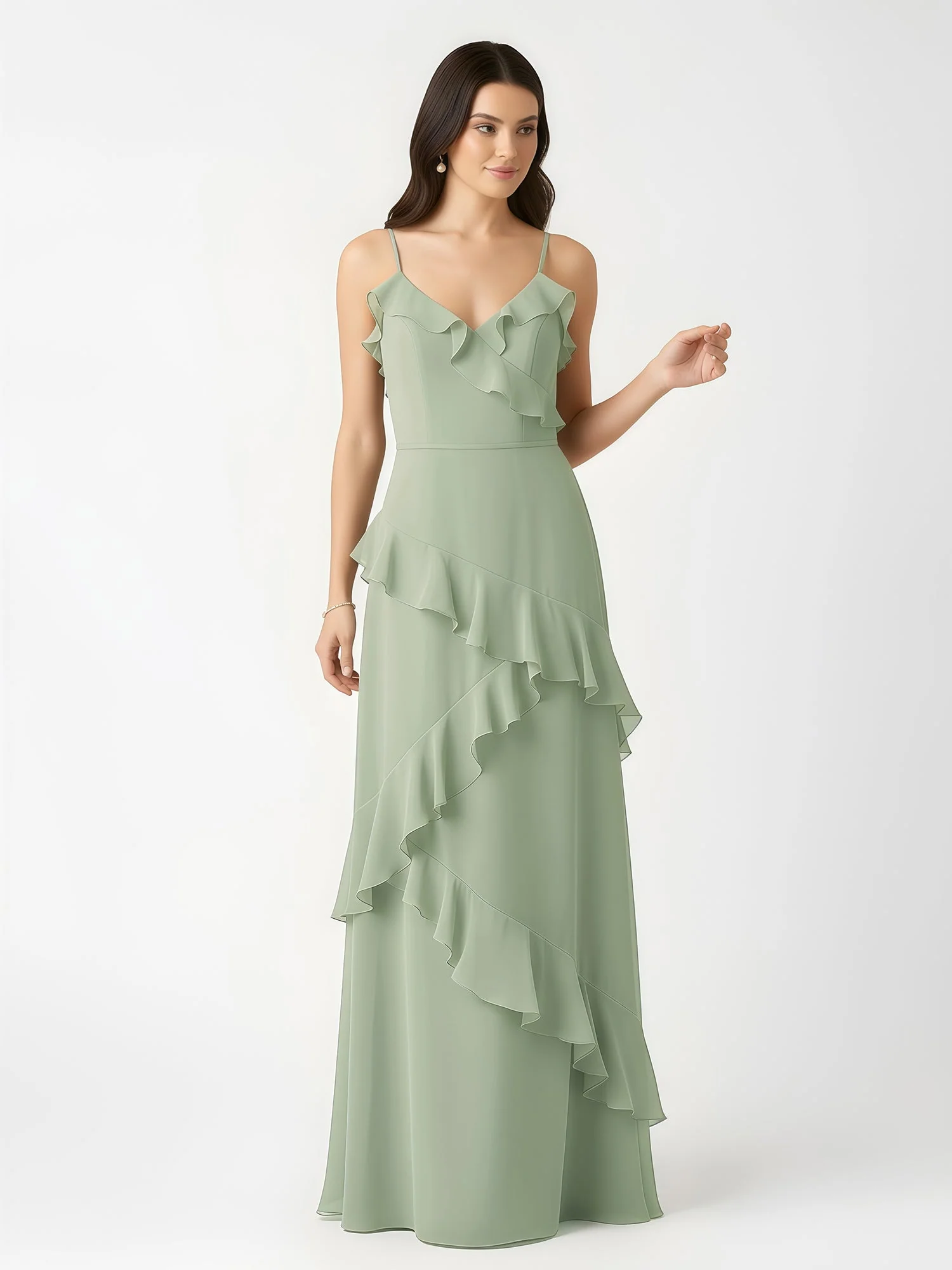 A-Linie Chiffon Rüschen Bodenlang V-Ausschnitt Kleid Staubiges Salbei - Image 4
