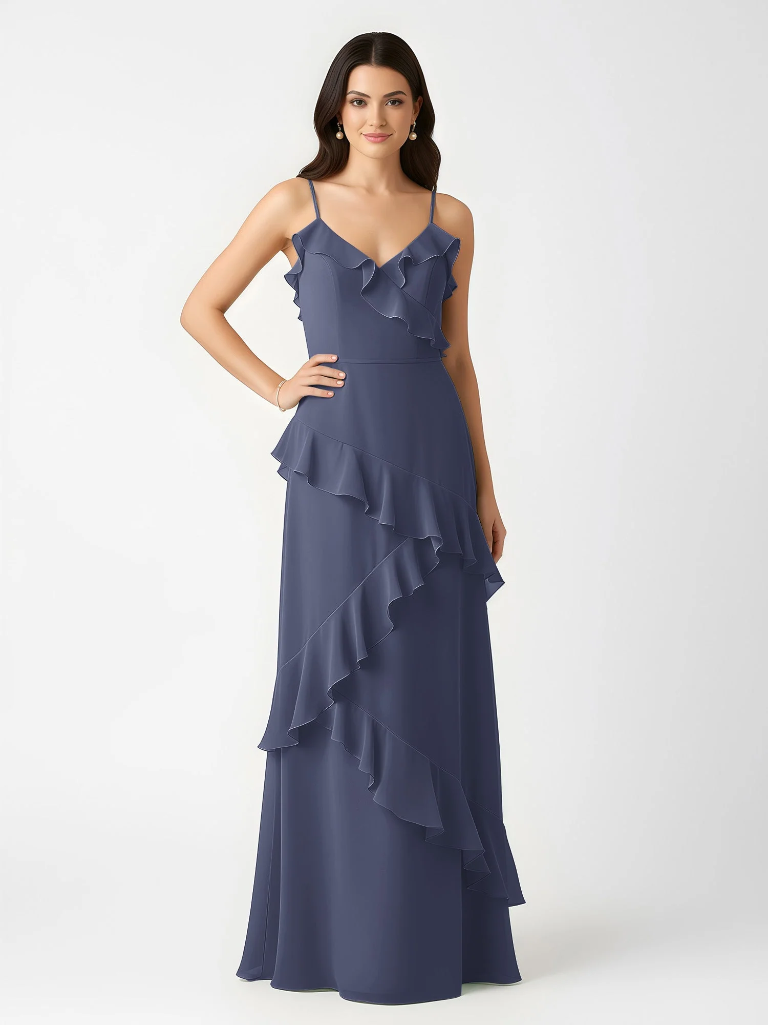 A-Linie Chiffon Rüschen Bodenlang V-Ausschnitt Kleid Sturm - Image 3