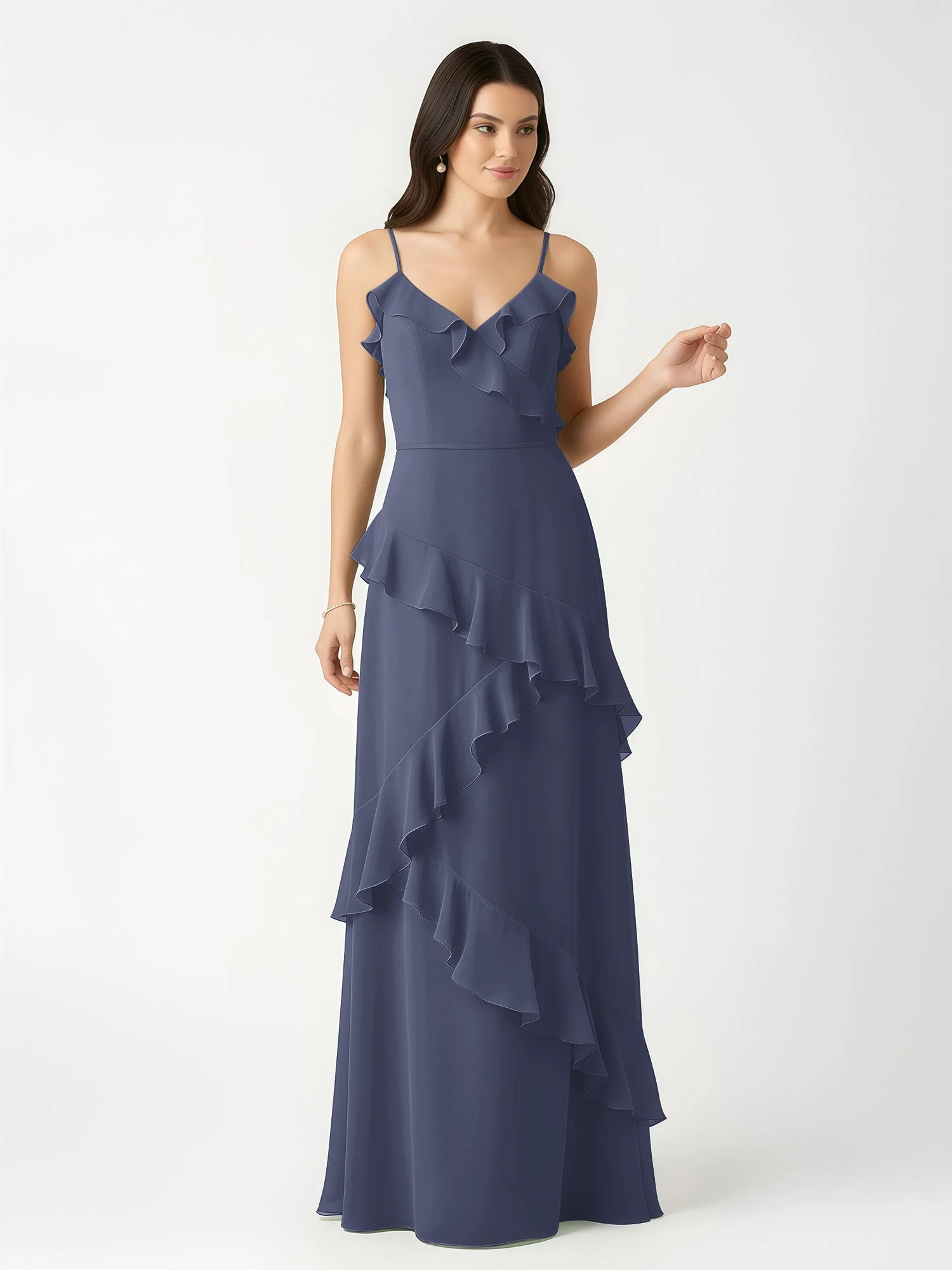 A-Linie Chiffon Rüschen Bodenlang V-Ausschnitt Kleid Sturm - Image 4