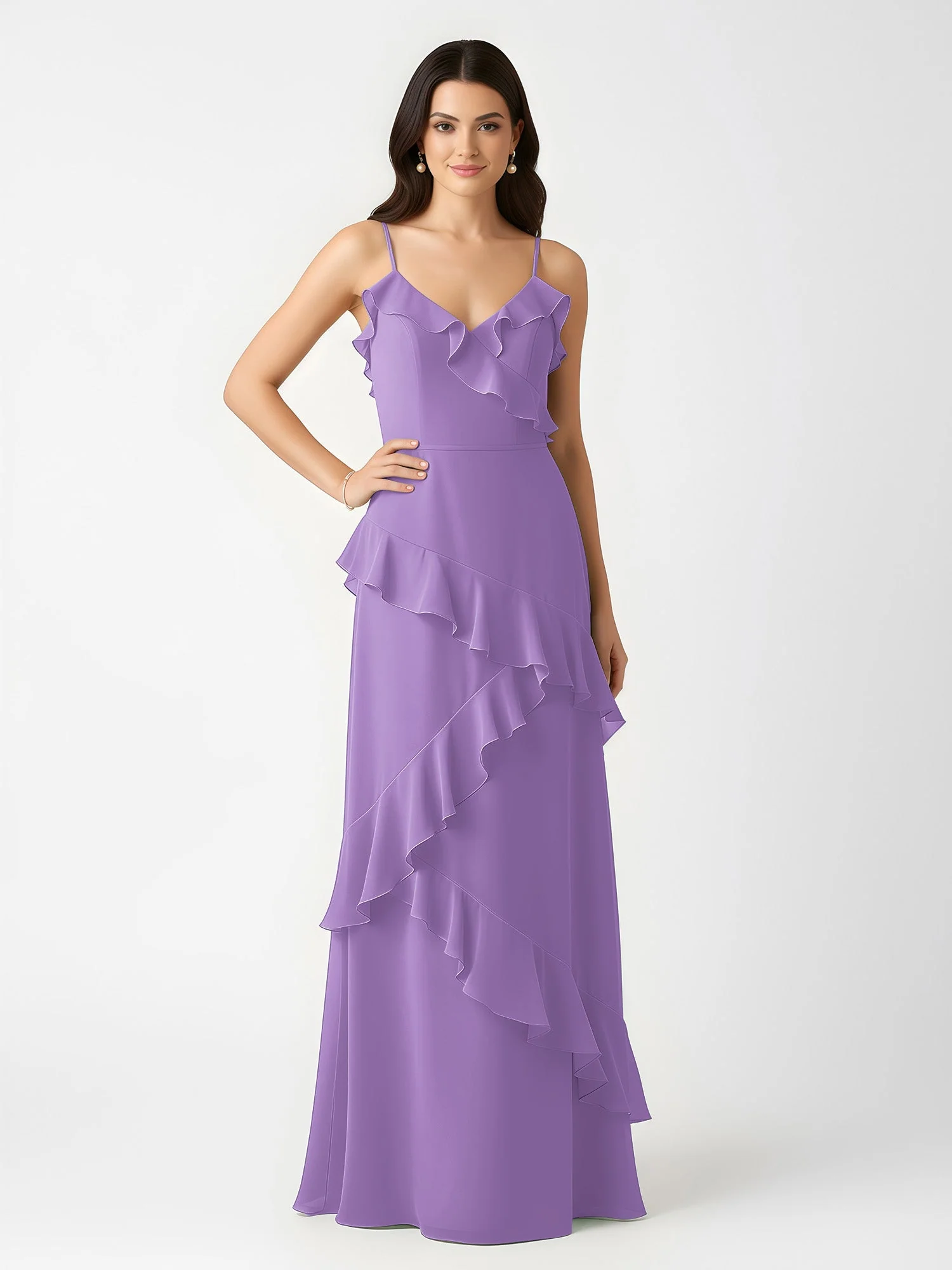 A-Linie Chiffon Rüschen Bodenlang V-Ausschnitt Kleid Tahiti - Image 3