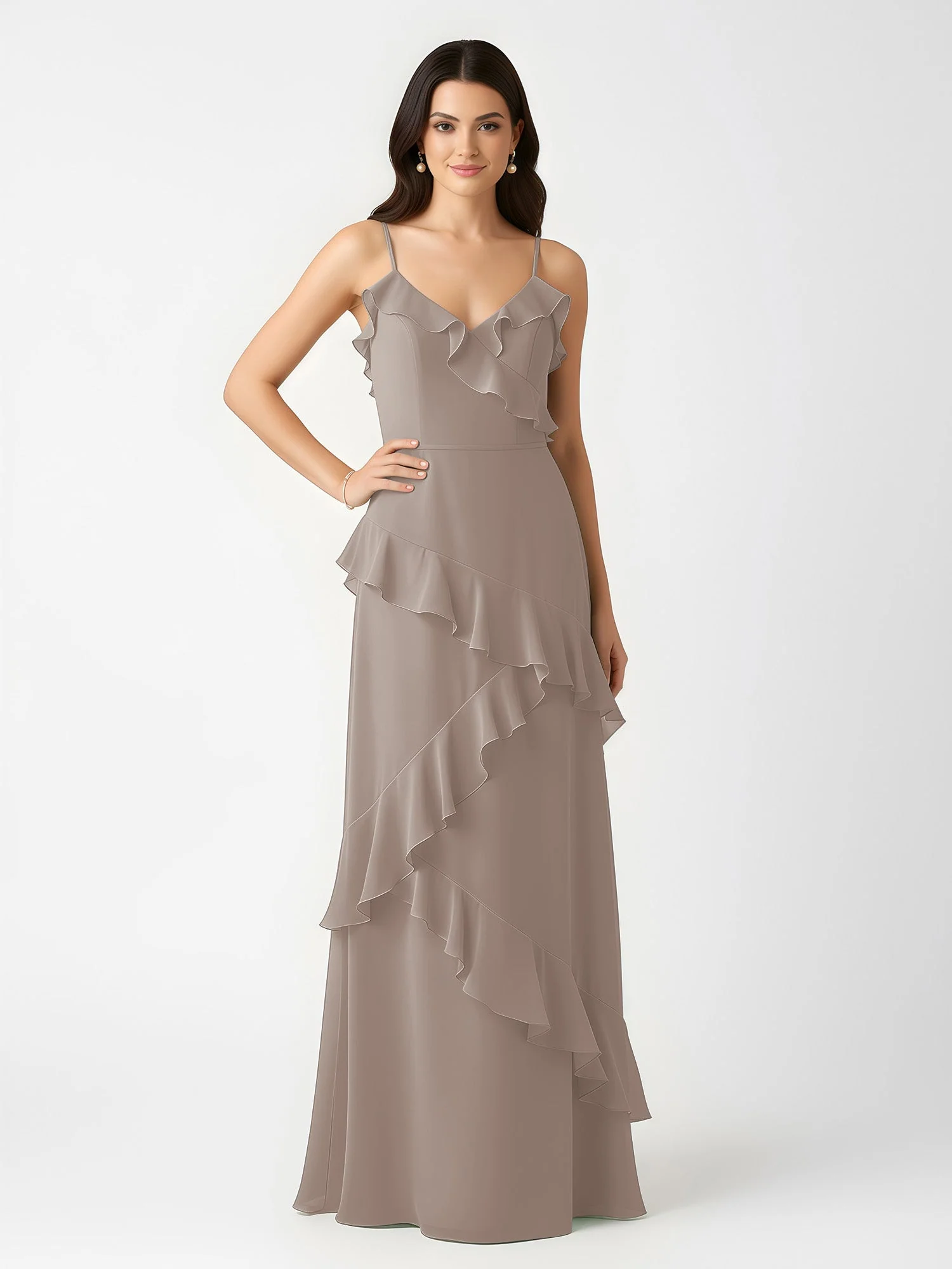 A-Linie Chiffon Rüschen Bodenlang V-Ausschnitt Kleid Taupe - Image 3