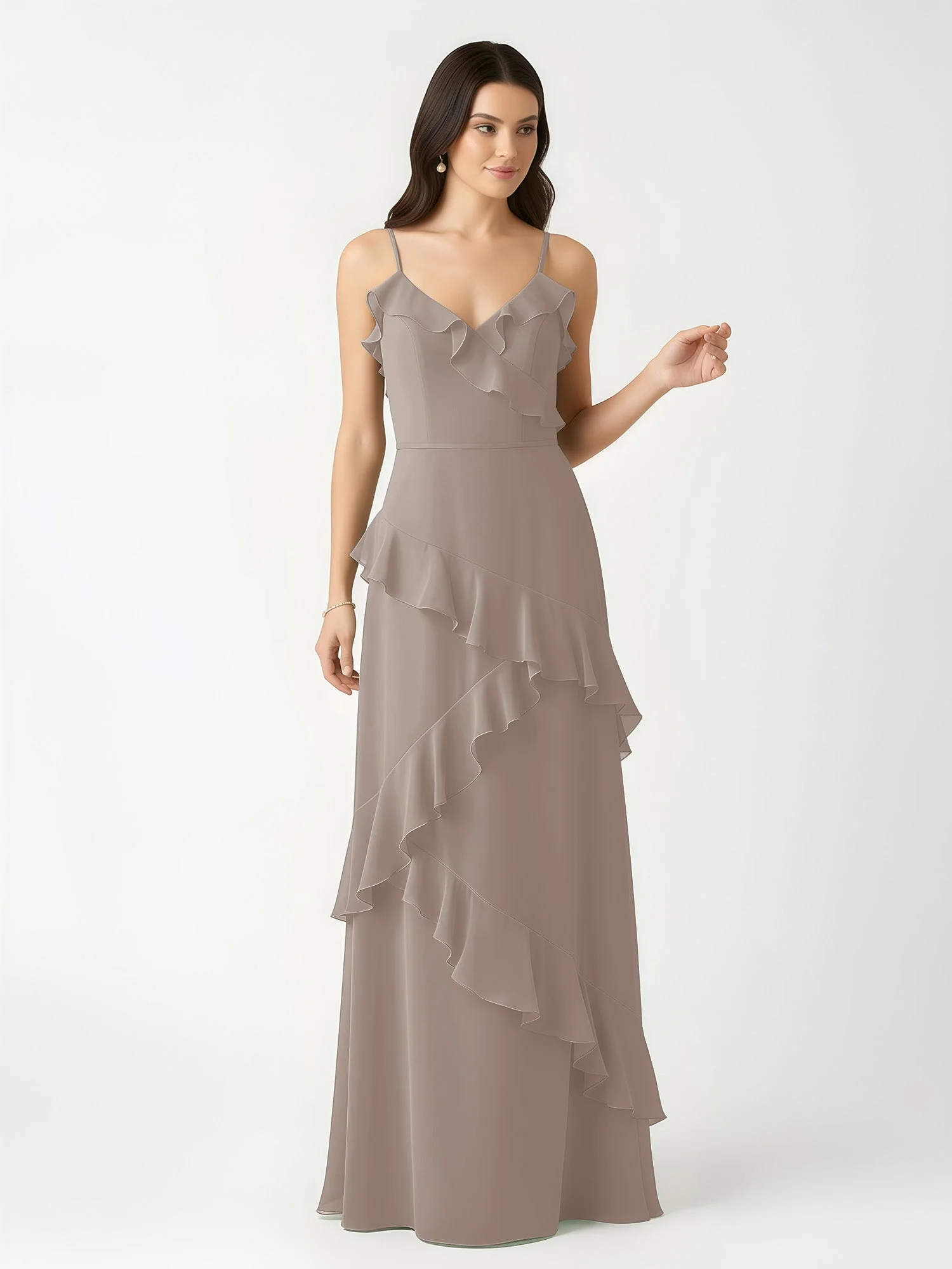 A-Linie Chiffon Rüschen Bodenlang V-Ausschnitt Kleid Taupe - Image 4