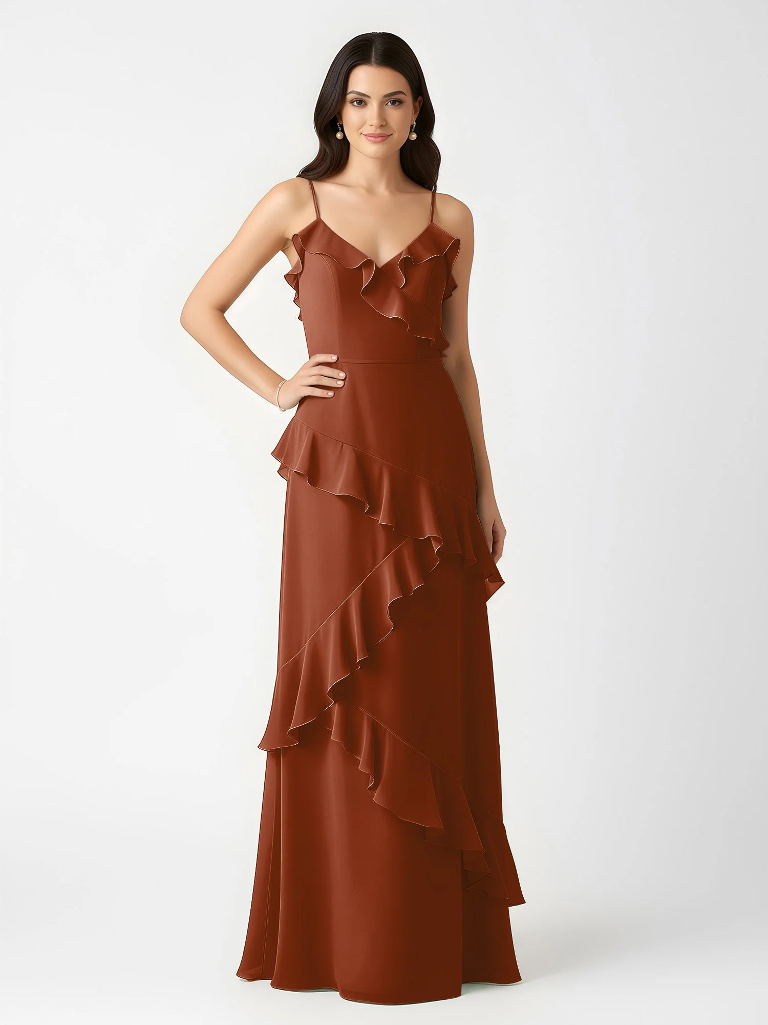 A-Linie Chiffon Rüschen Bodenlang V-Ausschnitt Kleid Terrakotta - Image 3