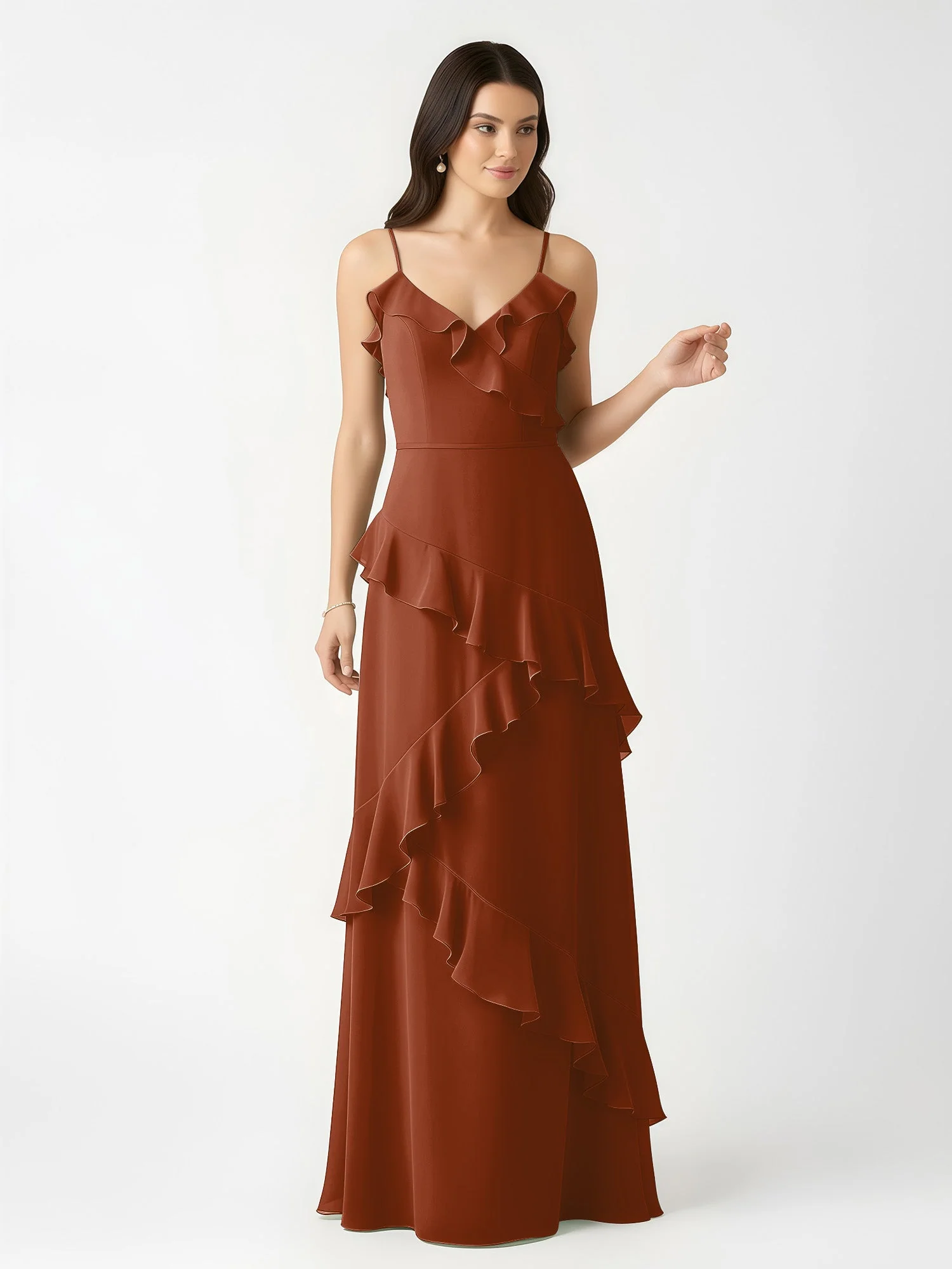 A-Linie Chiffon Rüschen Bodenlang V-Ausschnitt Kleid Terrakotta - Image 4