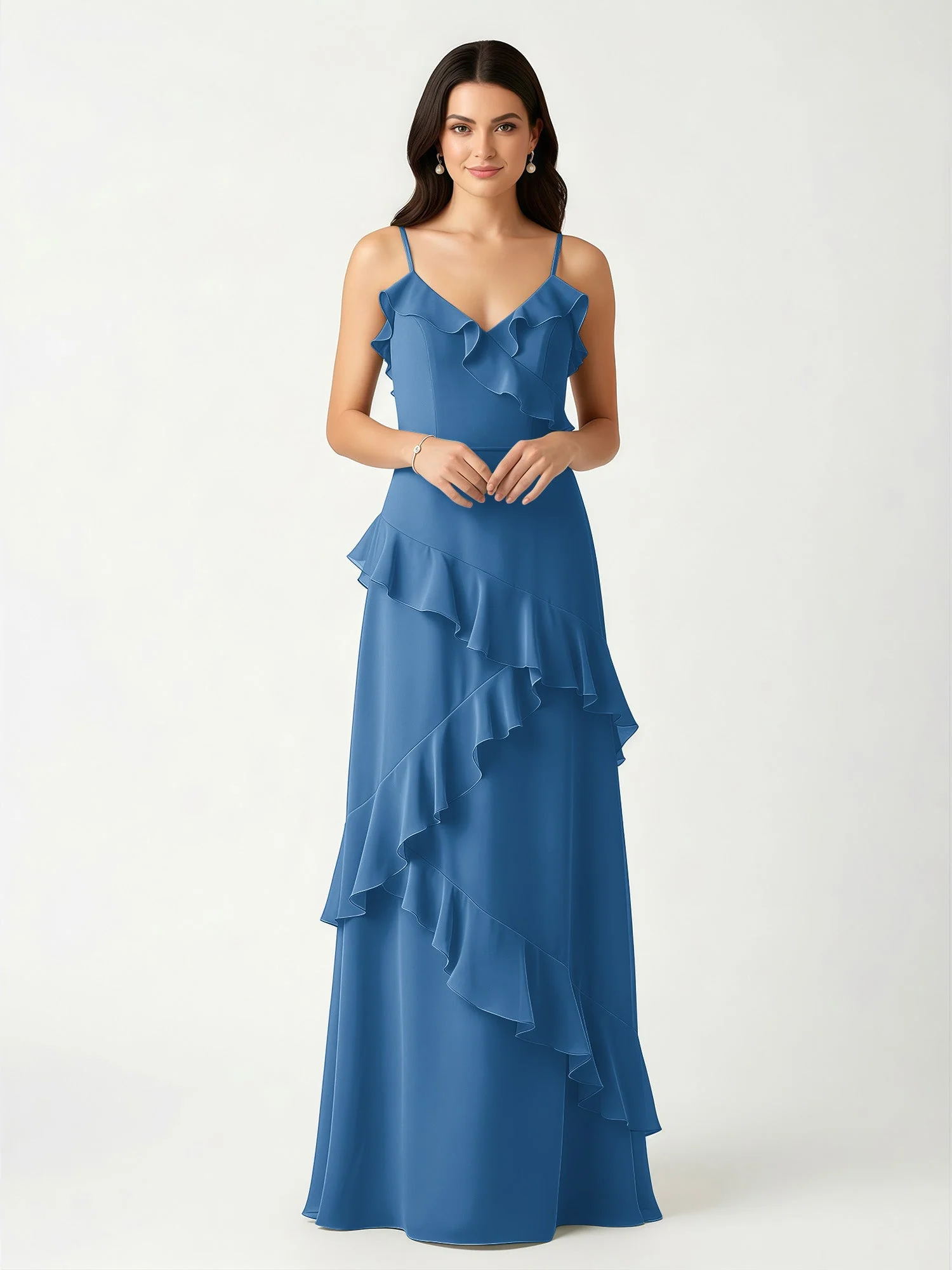 A-Linie Chiffon Rüschen Bodenlang V-Ausschnitt Kleid Tinte Blau