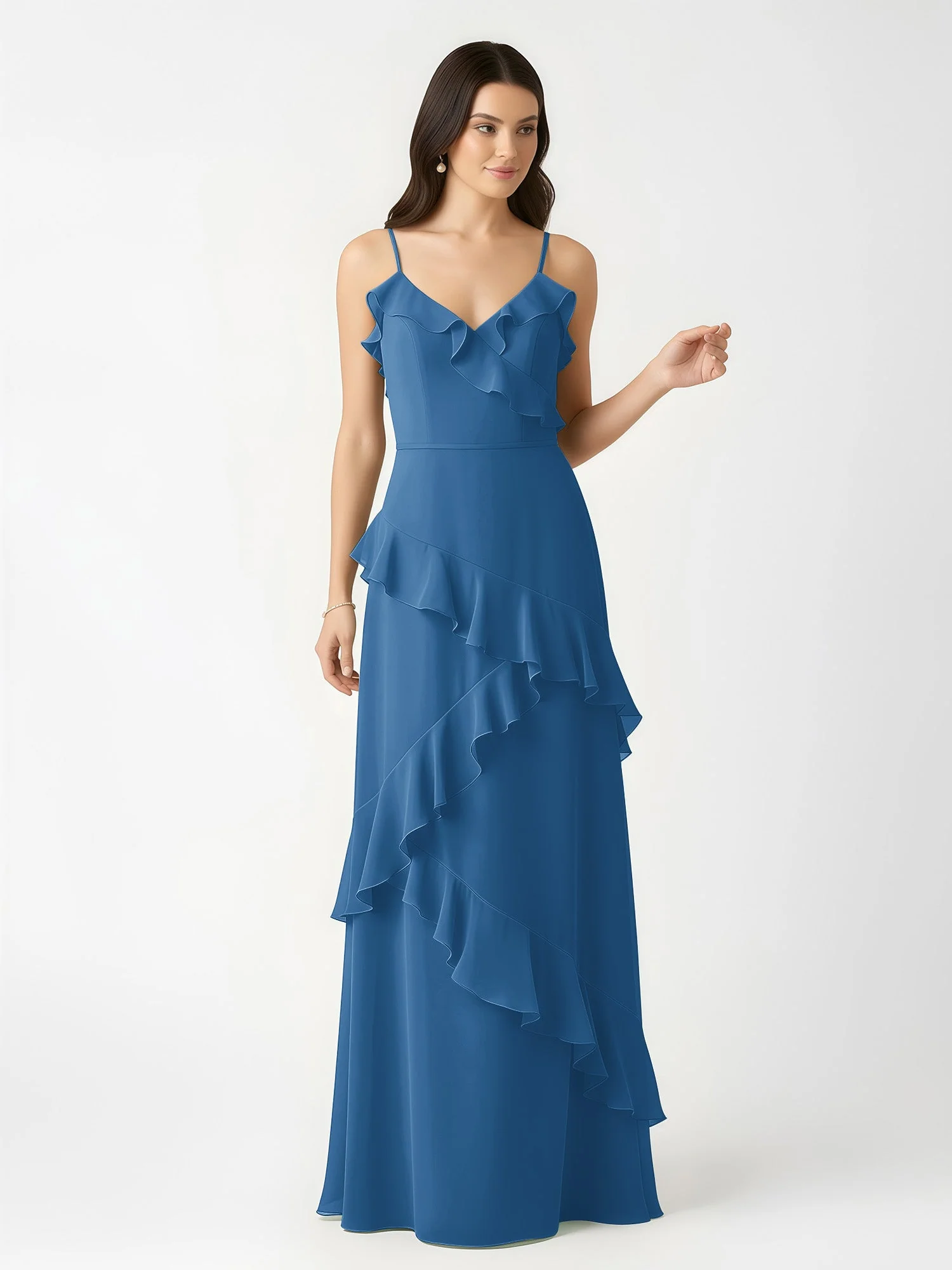 A-Linie Chiffon Rüschen Bodenlang V-Ausschnitt Kleid Tinte Blau - Image 4