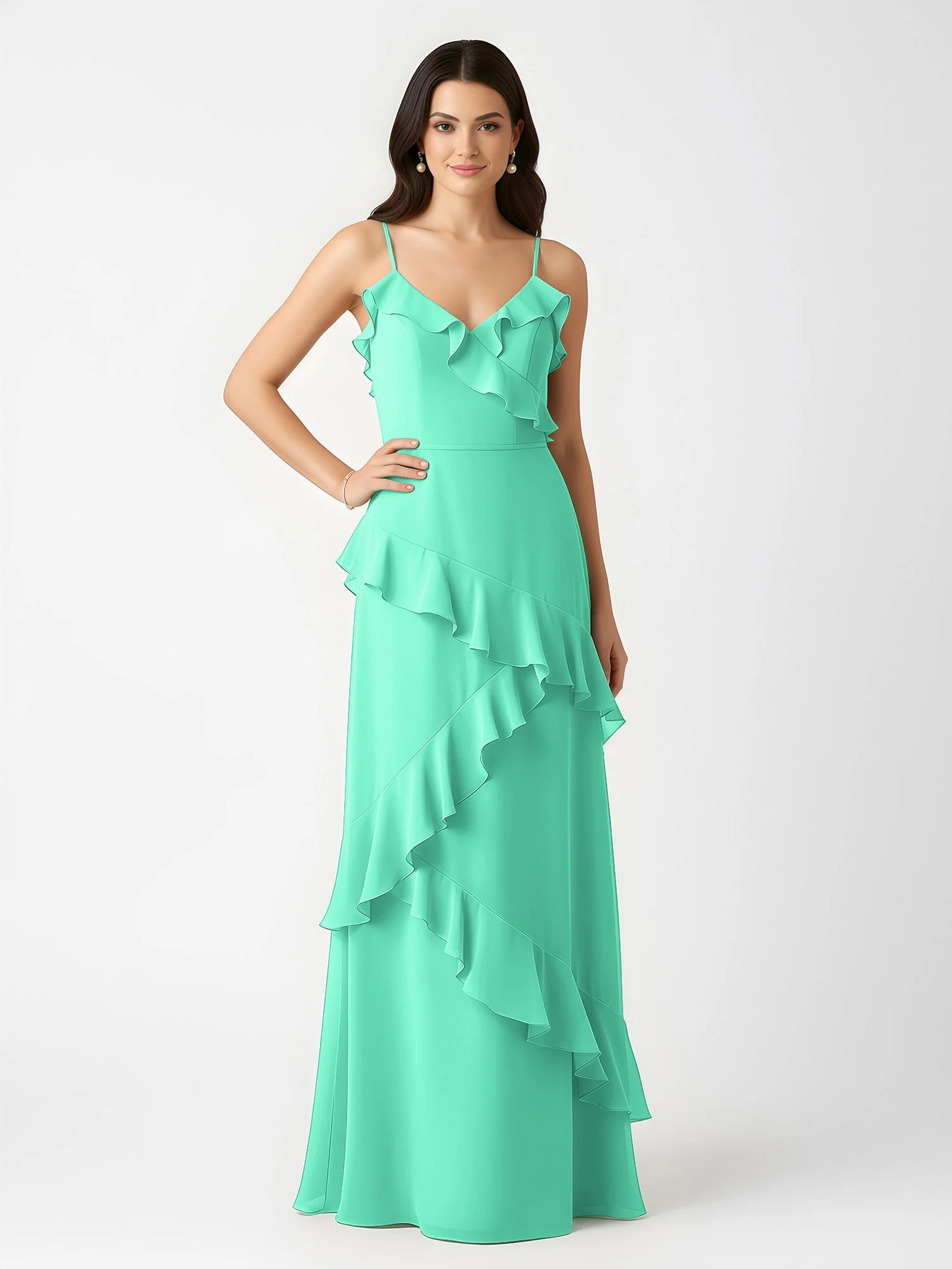 A-Linie Chiffon Rüschen Bodenlang V-Ausschnitt Kleid Türkis - Image 3