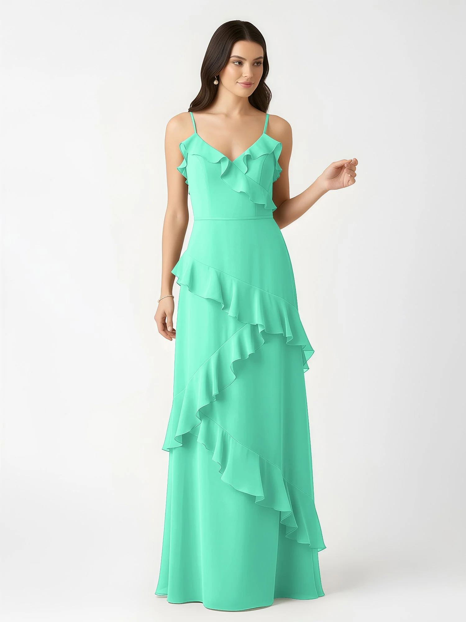 A-Linie Chiffon Rüschen Bodenlang V-Ausschnitt Kleid Türkis - Image 4