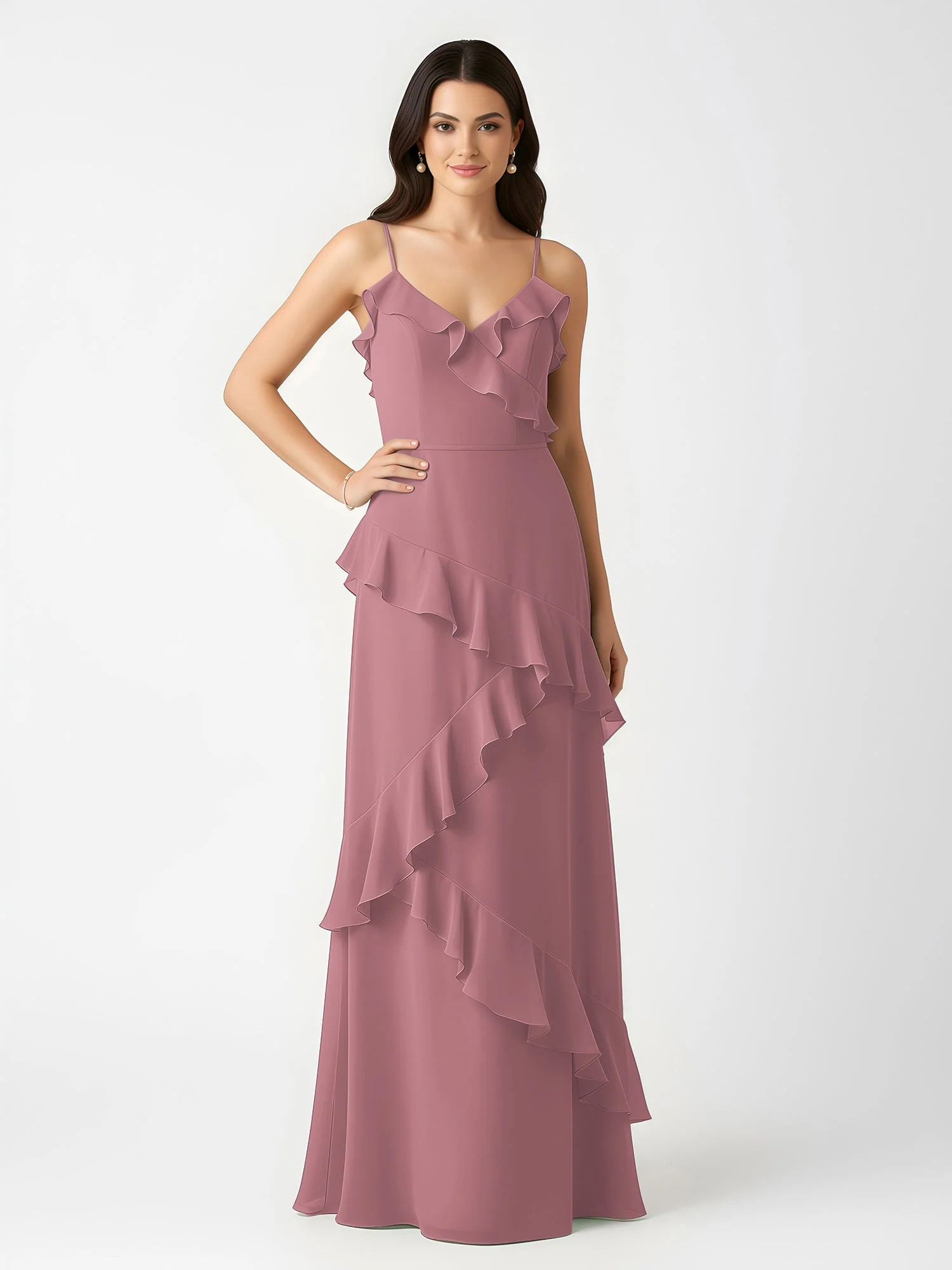 A-Linie Chiffon Rüschen Bodenlang V-Ausschnitt Kleid Vintage Mauve - Image 3