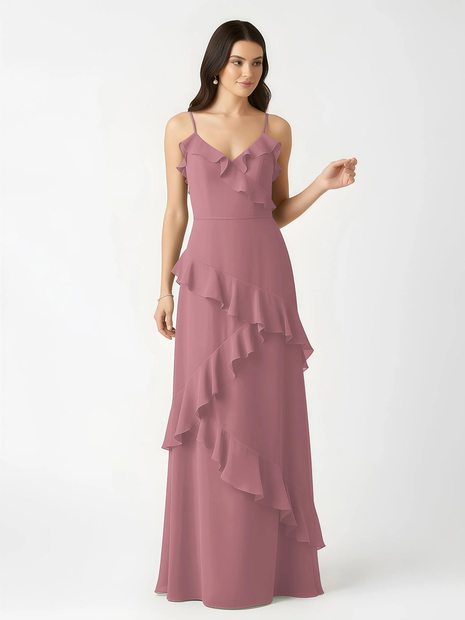 A-Linie Chiffon Rüschen Bodenlang V-Ausschnitt Kleid Vintage Mauve - Image 4