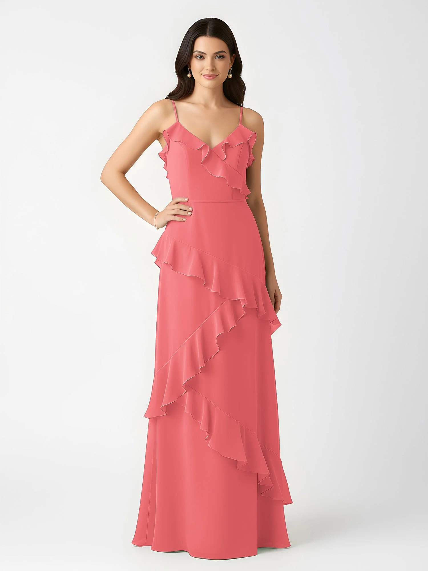 A-Linie Chiffon Rüschen Bodenlang V-Ausschnitt Kleid Wassermelone - Image 3