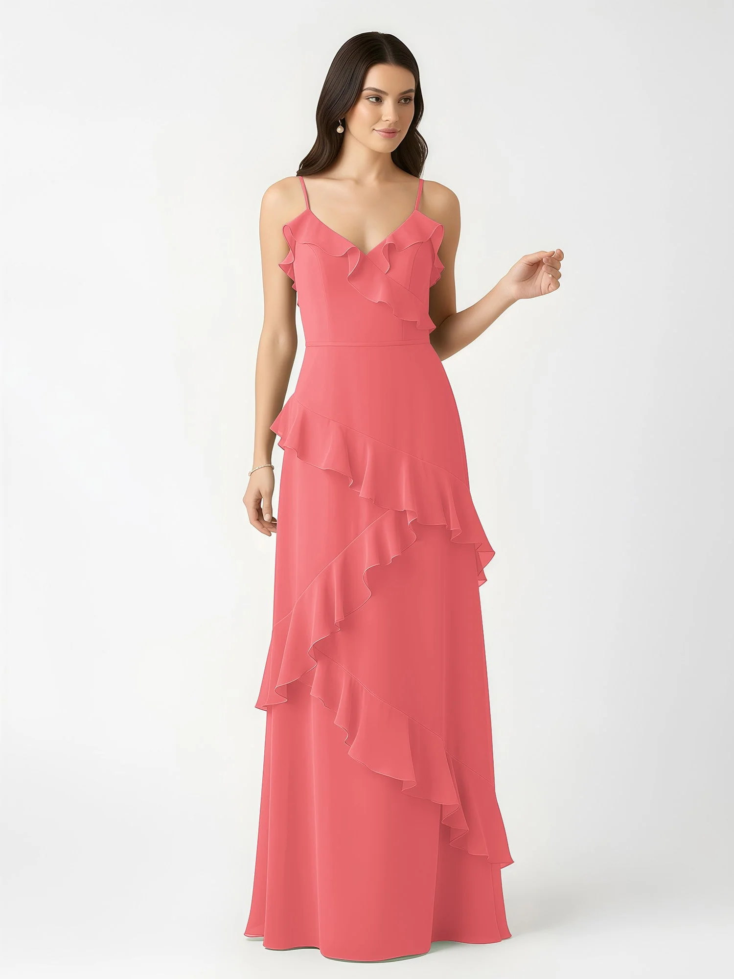 A-Linie Chiffon Rüschen Bodenlang V-Ausschnitt Kleid Wassermelone - Image 4