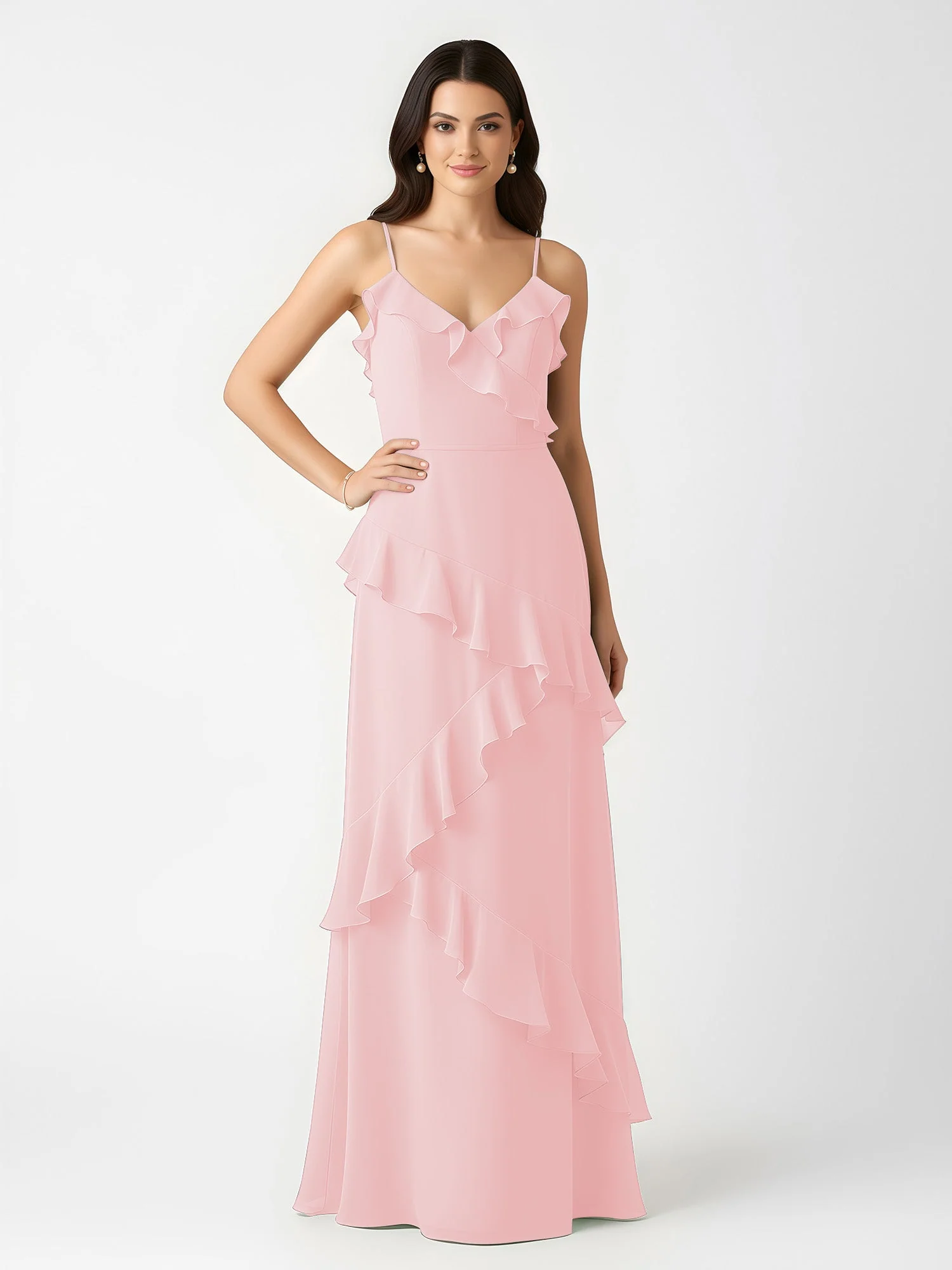 A-Linie Chiffon Rüschen Bodenlang V-Ausschnitt Kleid Zartrosa - Image 3