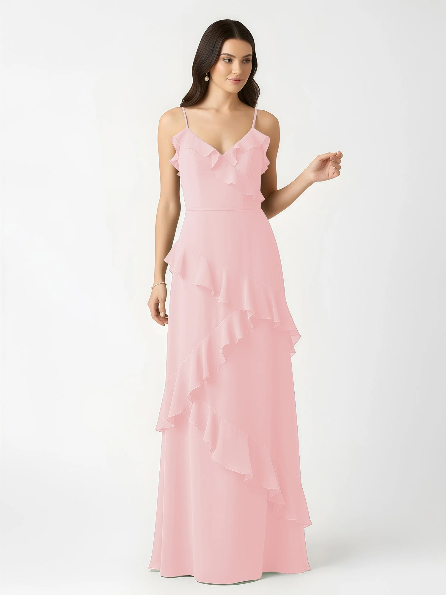 A-Linie Chiffon Rüschen Bodenlang V-Ausschnitt Kleid Zartrosa - Image 4