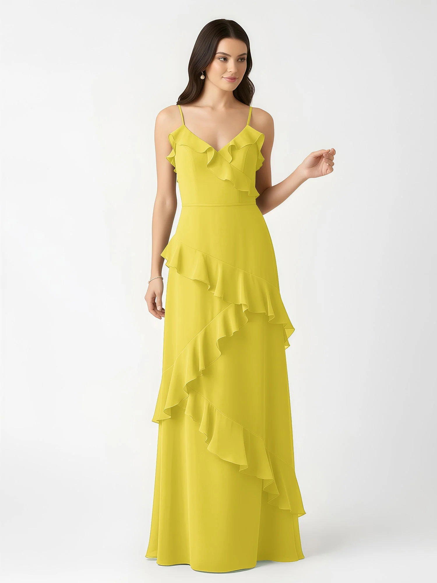 A-Linie Chiffon Rüschen Bodenlang V-Ausschnitt Kleid Zitrone - Image 4