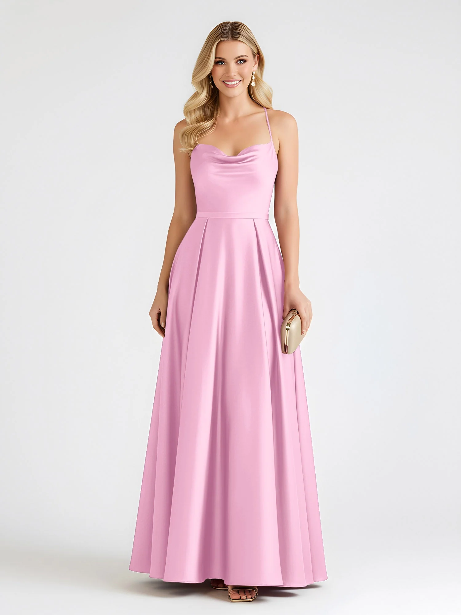 A-Linie Satin Bodenlang Cowl Ausschnitt Gerafft Kleid Bonbonrosa
