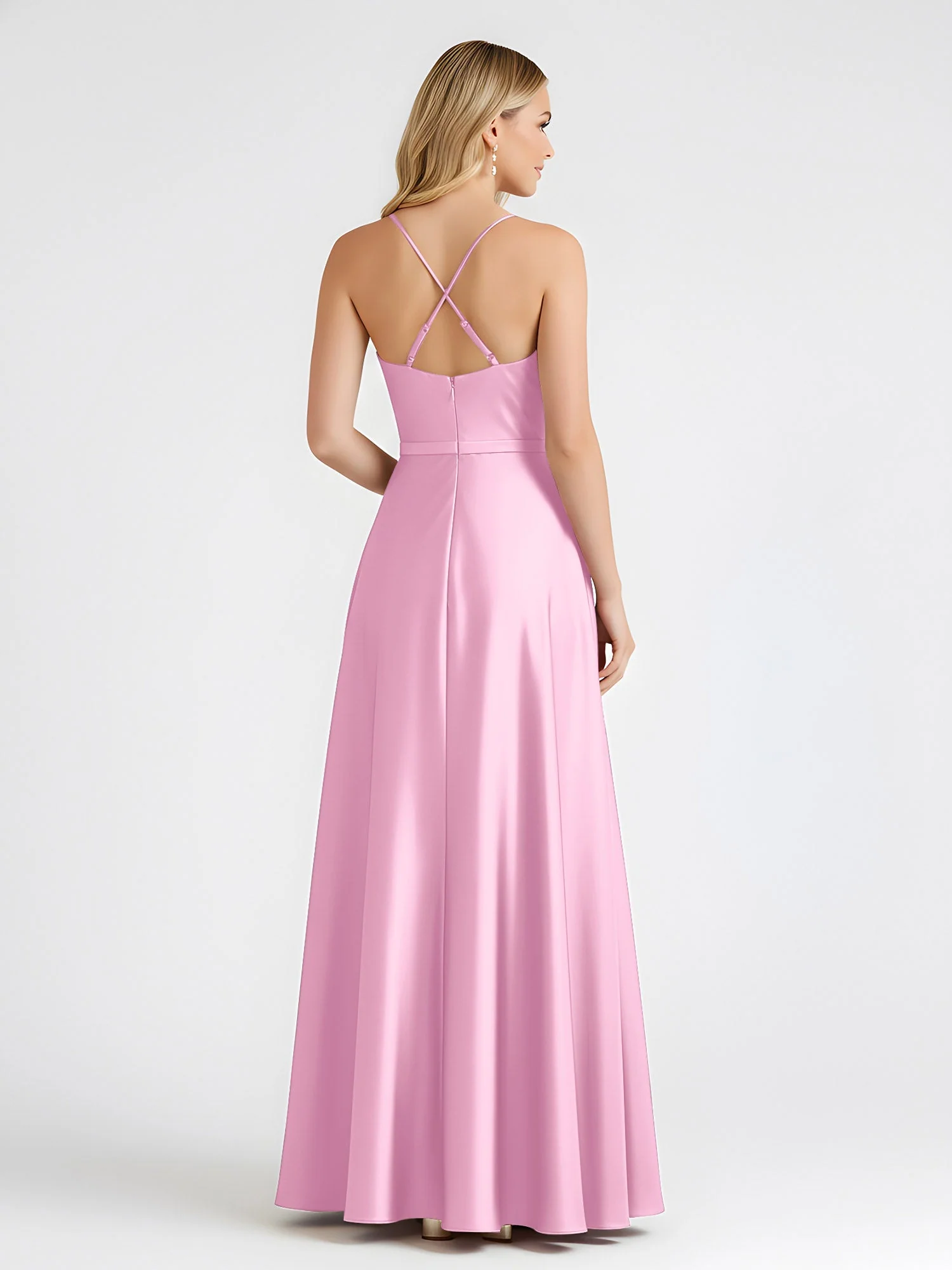 A-Linie Satin Bodenlang Cowl Ausschnitt Gerafft Kleid Bonbonrosa - Image 2
