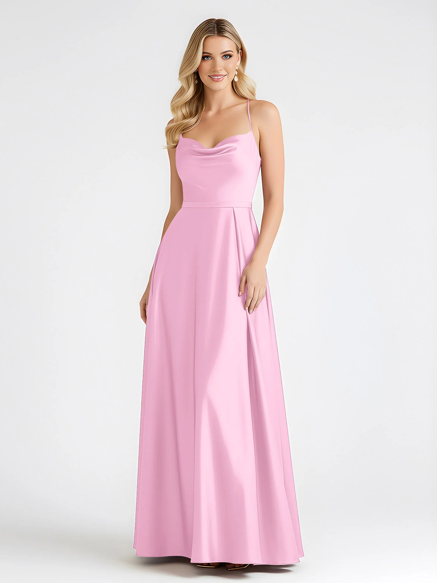A-Linie Satin Bodenlang Cowl Ausschnitt Gerafft Kleid Bonbonrosa - Image 3