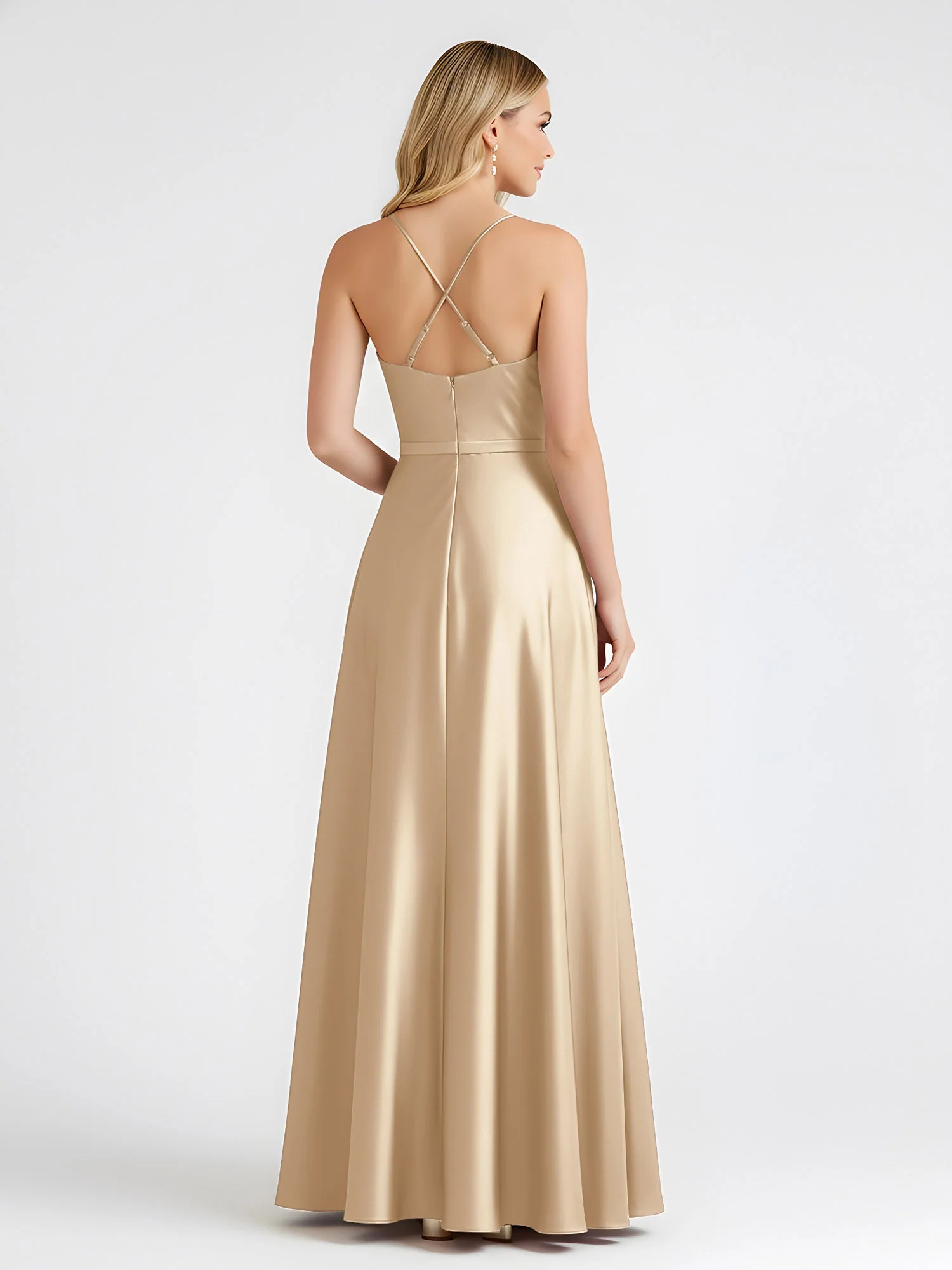 A-Linie Satin Bodenlang Cowl Ausschnitt Gerafft Kleid Champagner - Image 2