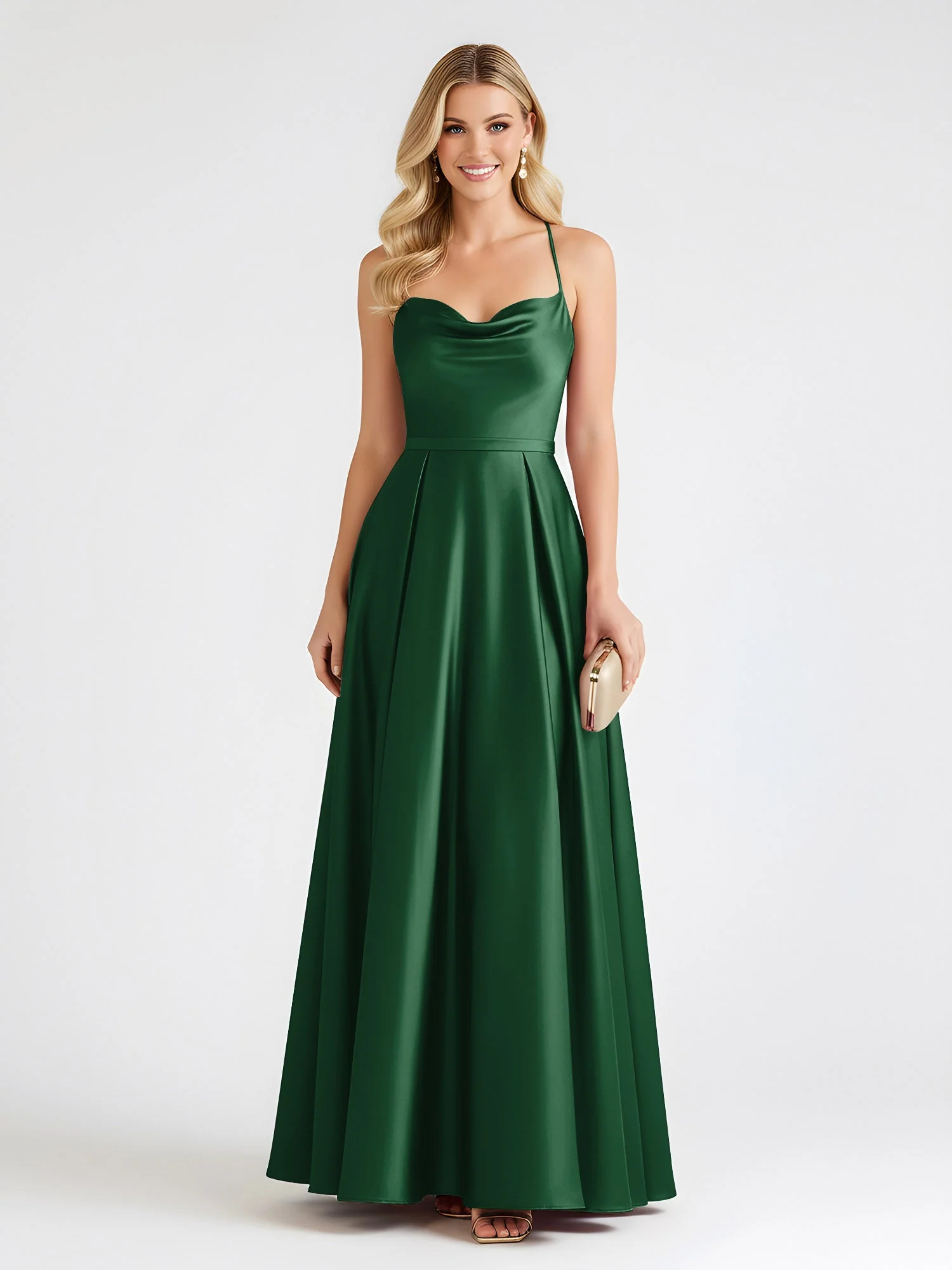 A-Linie Satin Bodenlang Cowl Ausschnitt Gerafft Kleid Dunkelgrün