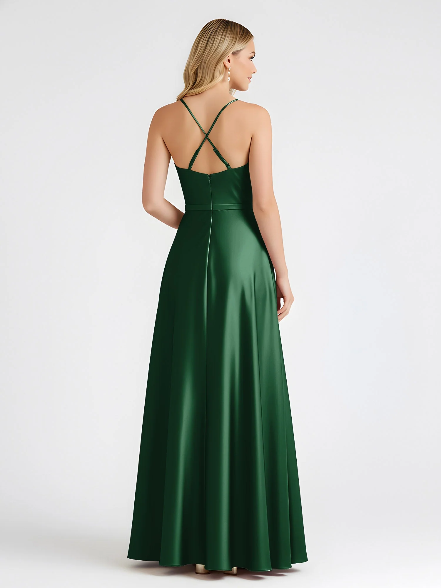 A-Linie Satin Bodenlang Cowl Ausschnitt Gerafft Kleid Dunkelgrün - Image 2
